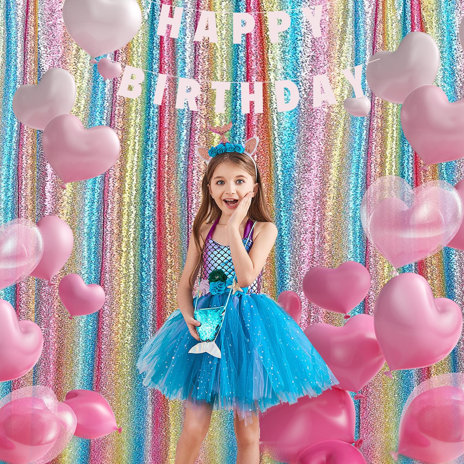 2  8Ft 2Pcs Rainbow Sequin Backdrop Curtains Panels, Photography Backdrop Glitter Curtains Fabric Background For Wedding Party D