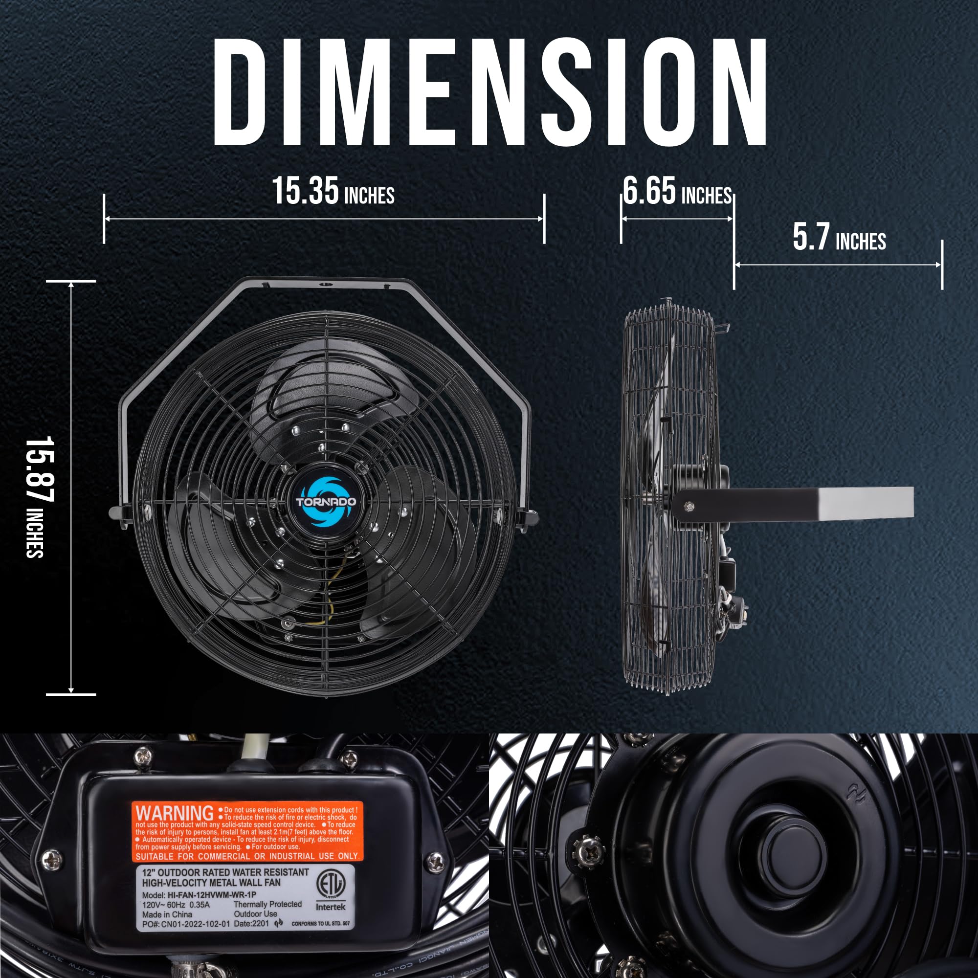 Tornado 12 Inch Outdoor Water-Resistant Wall Mounted Fan Ipx4 Rated 3 Speed High Velocity Meatl Wall Fan For Commercial, Industr
