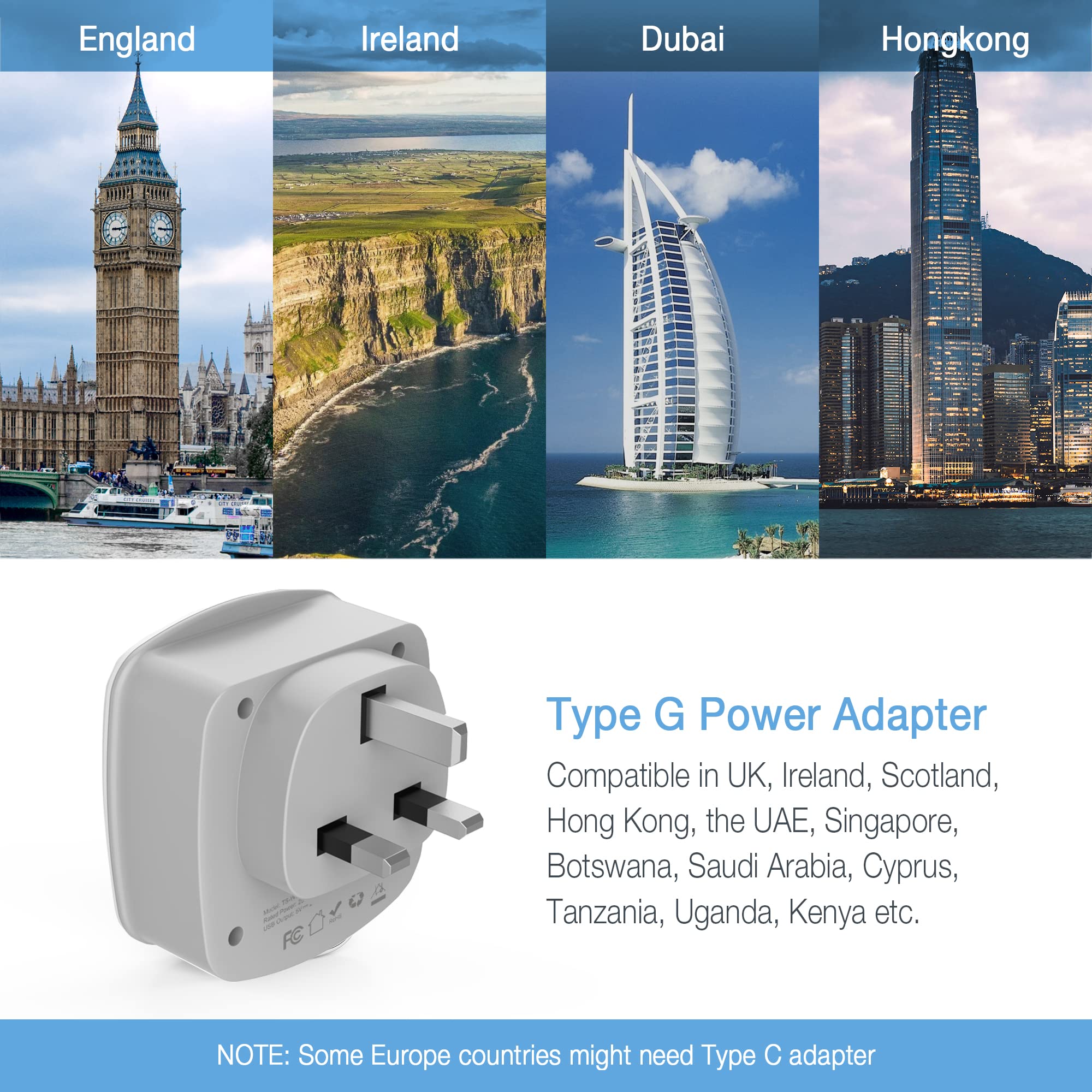 Uk Ireland Travel Plug Adapter, Tessan Type G Power Adaptor With 2 Usb Charger Ports 2 American Outlets, Us To Scotland London E