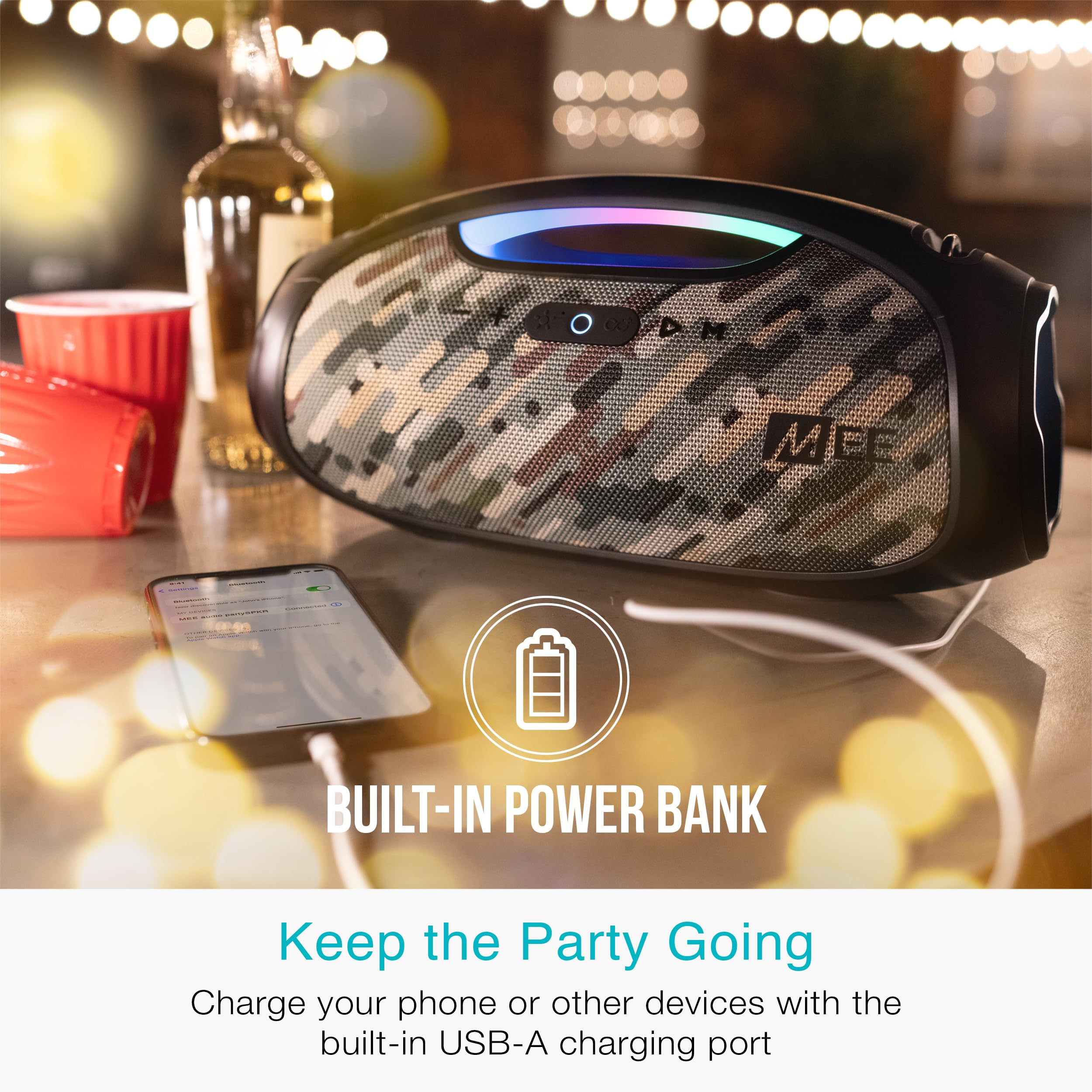 Mee Audio Partyspkr Bluetooth Wireless Speaker, Powerful 60W Rms Stereo Sound, 2 Subwoofers, Portable Speaker For Outdoor, Campi