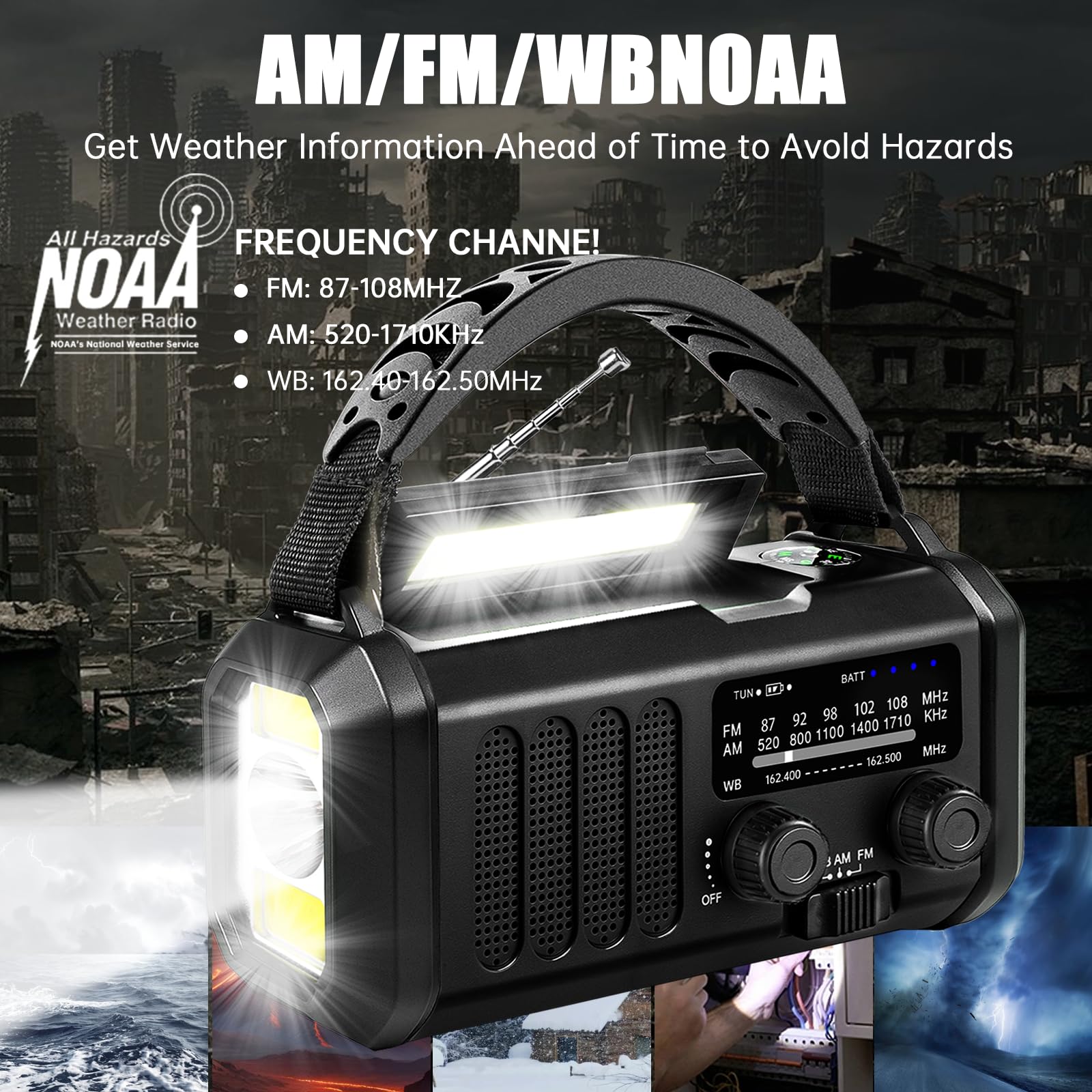 Emergency Weather Radio 20000Mah Noaa/Am/Fm With 74000Mwh Usb/Solar/Hand Crank Charging, Battery Operated, Sos Alarm & Flashligh