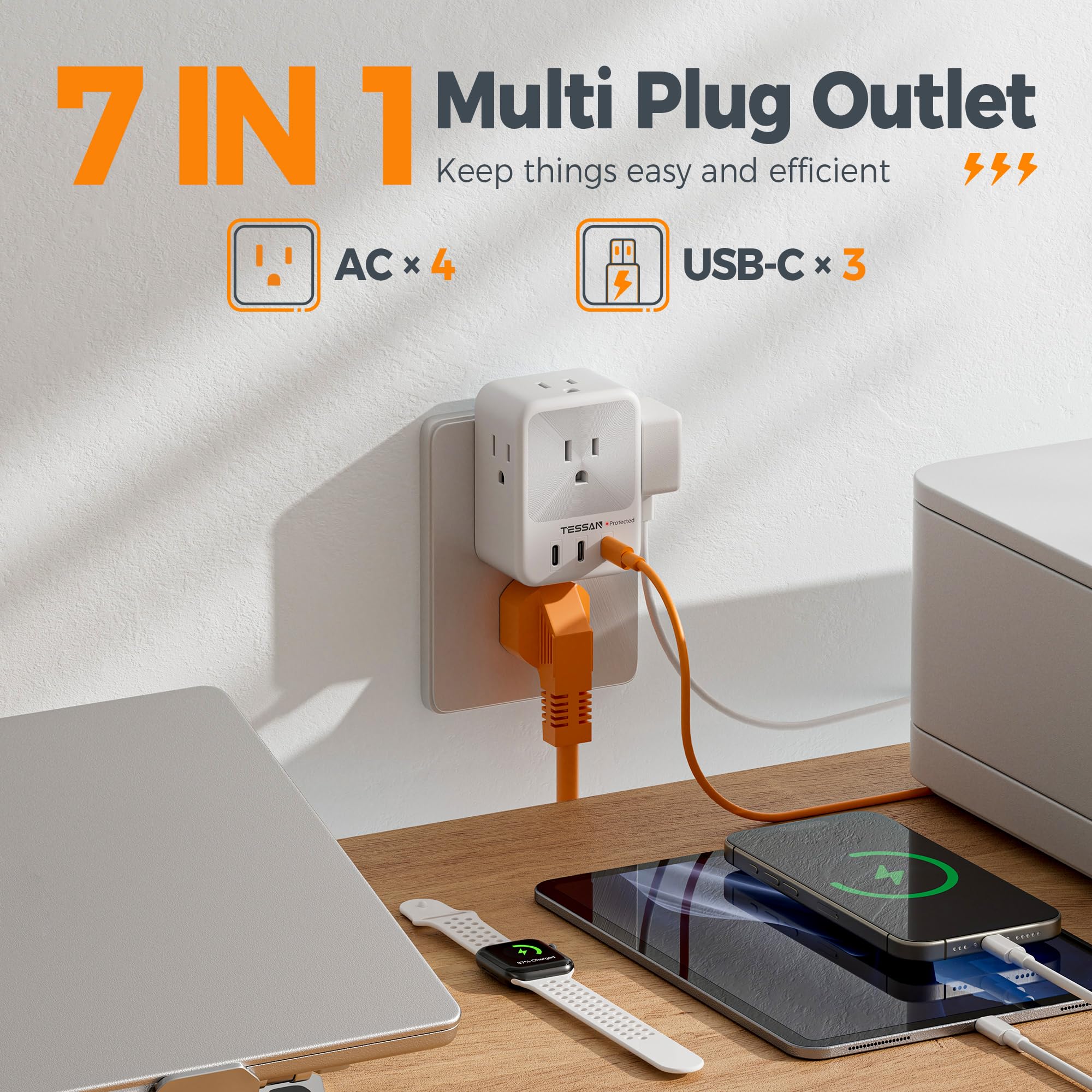 Usb Multi Plug Outlet Splitter, Tessan Surge Protector 4 Outlet Extender With 3 Usb C Wall Charger Blocks, 3 Sided Multiple Plug