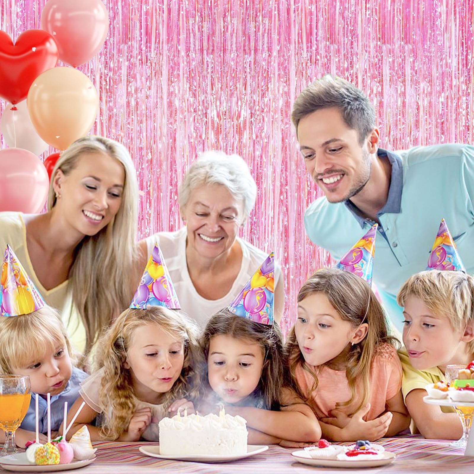 2Pack 3.3X8.3Ft Iridescent Pink Foil Fringe Backdrop Curtains, Pink Tinsel Streamers Birthday Party Decorations Fringe Backdrop