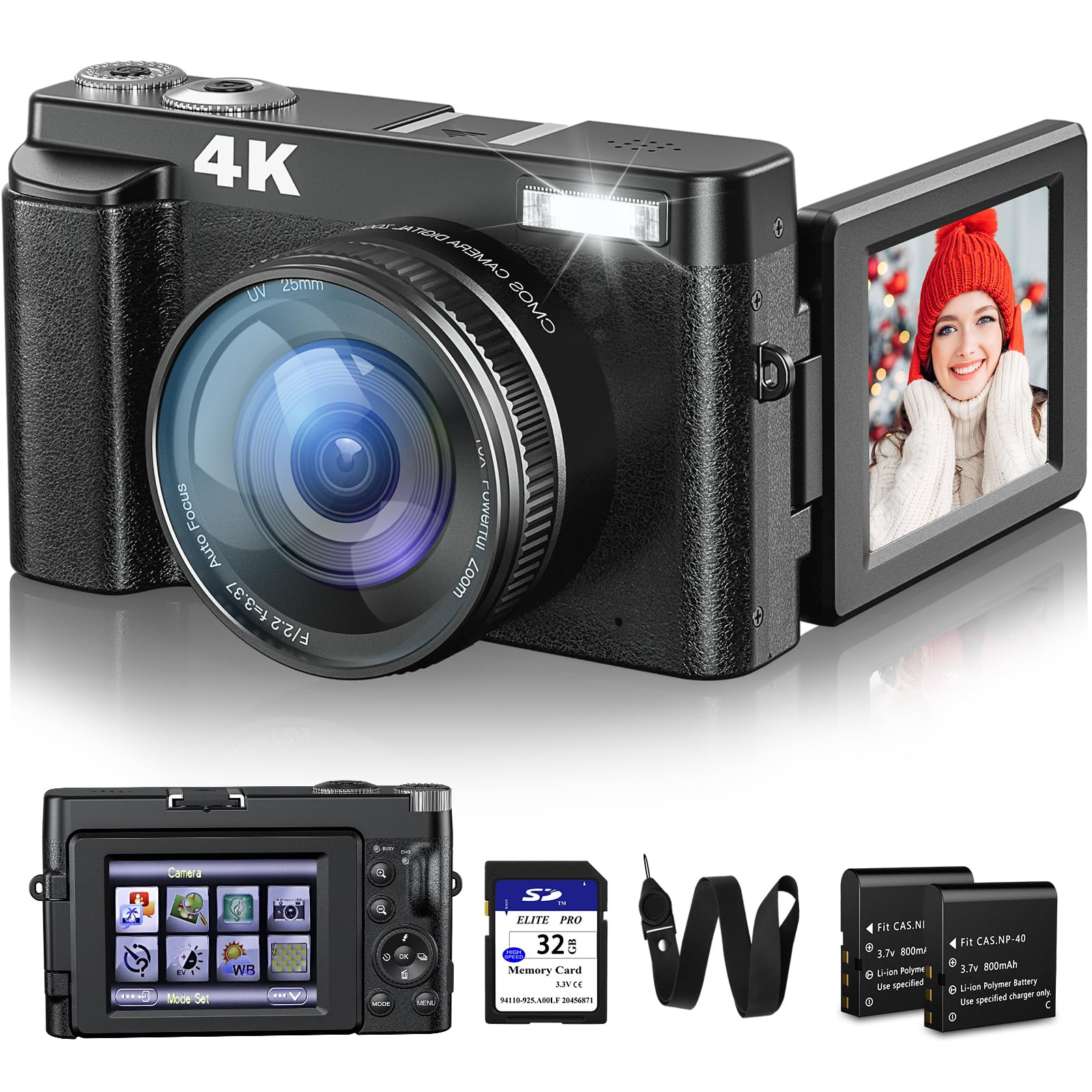 4K Digital Camera For Photography And Video, 48Mp Vlogging Camera With Sd Card Autofocus Anti Shake, 3'' 180 Flip Screen Digital