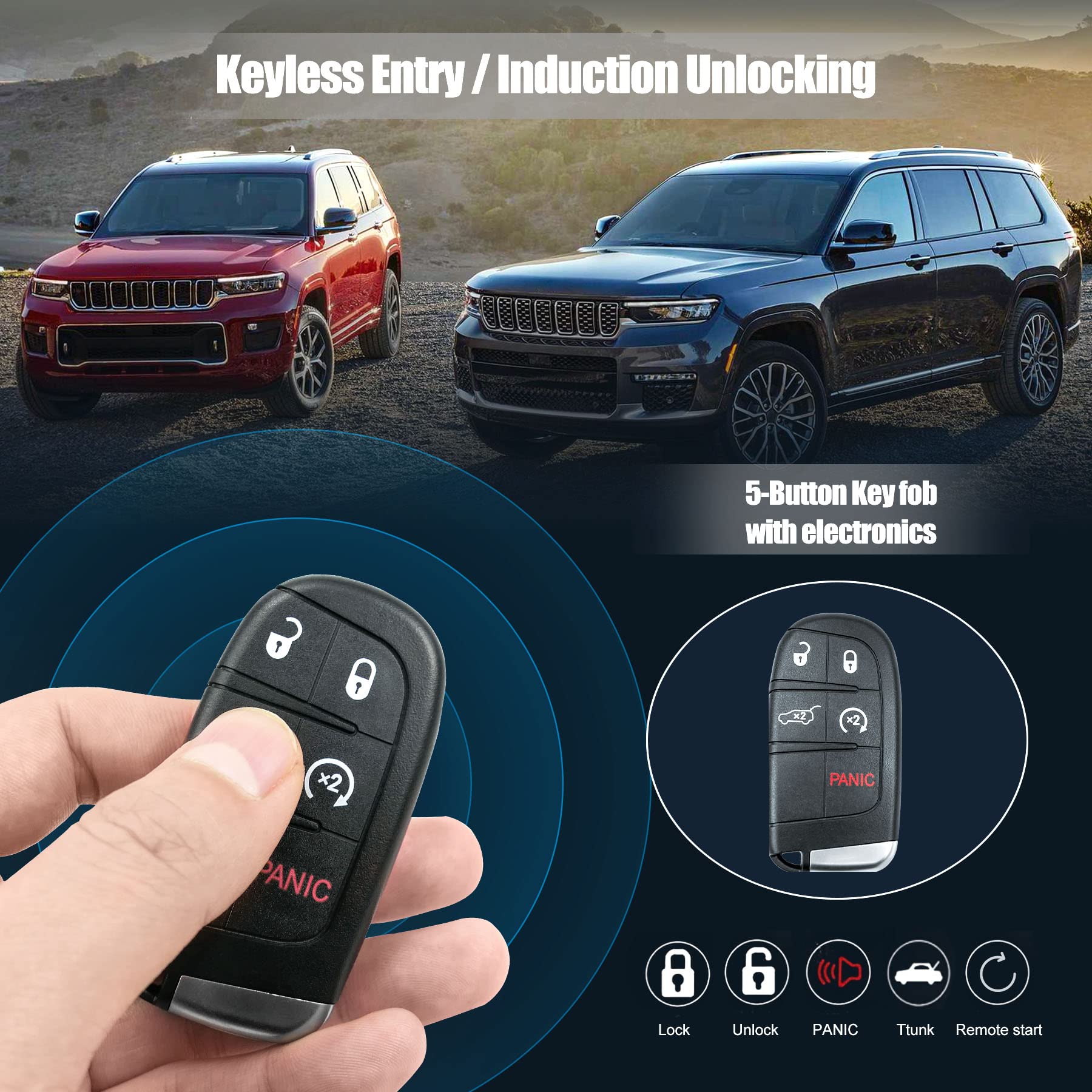 Key Fob Compatible With Jeep Grand Cherokee 2014 2015 2016 2017 2018 2019 2020 2021 5-Button Keyless Entry Remote Control Car Ke