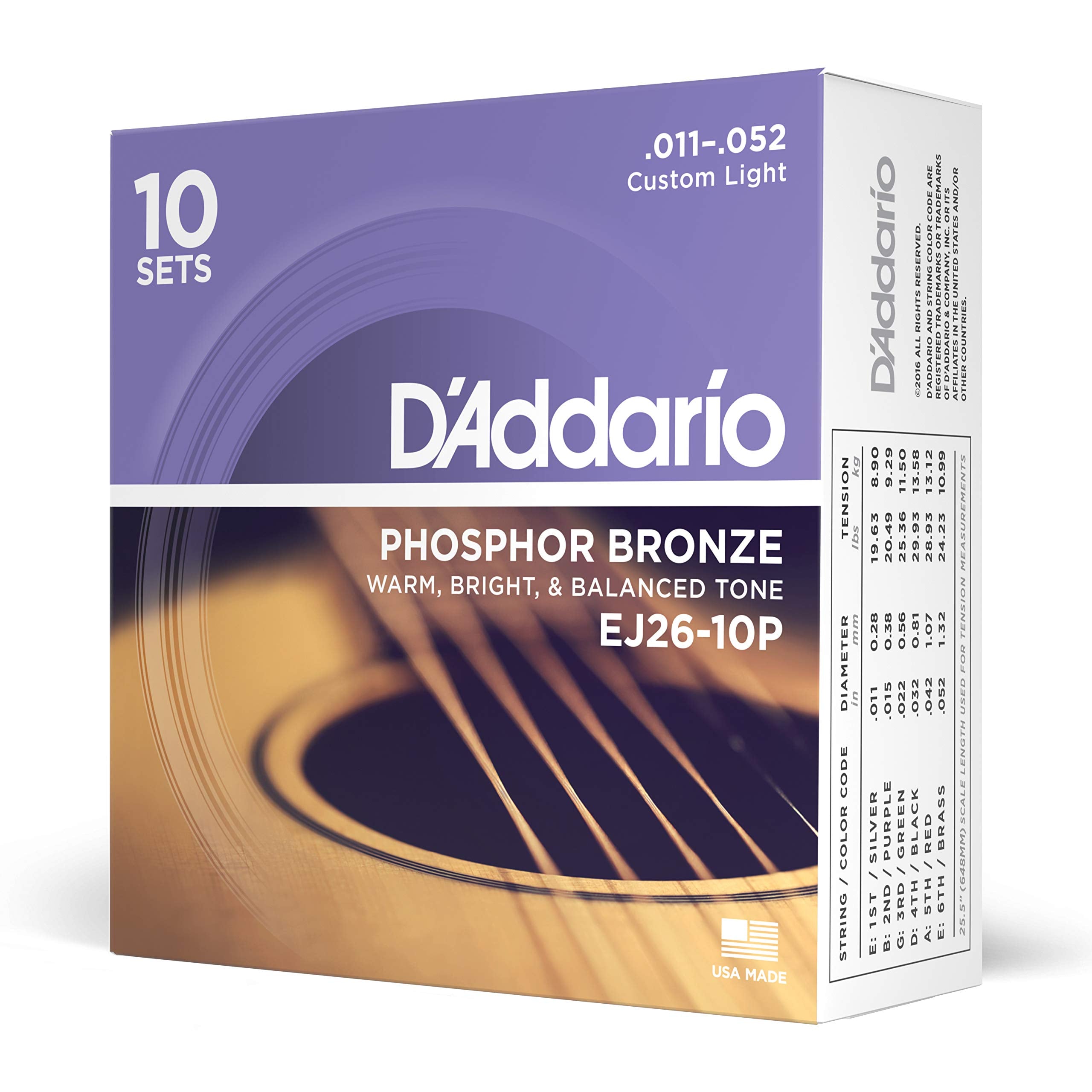 DAddario Guitar Strings - Phosphor Bronze Acoustic Guitar Strings - EJ26-10P - Rich, Full Tonal Spectrum - For 6 String Guitars
