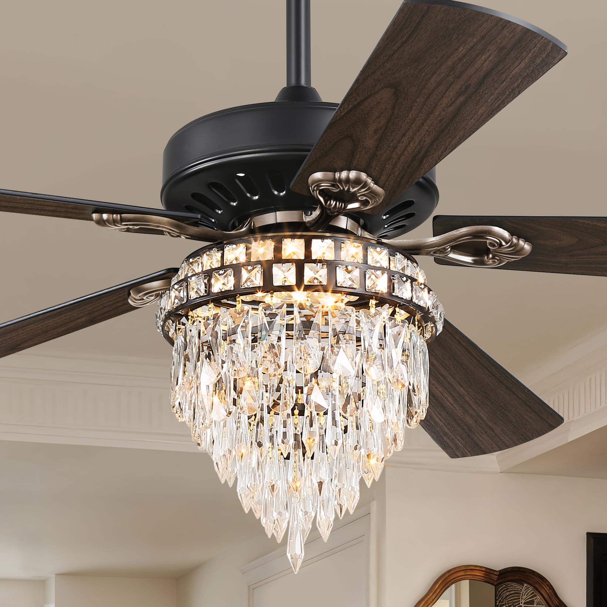 Fanbulous 52 Inch Farmhouse Fandelier Ceiling Fan With Light, Crystal Ceiling Fan Chandelier With 6 Speeds, Quiet Reversible Noi