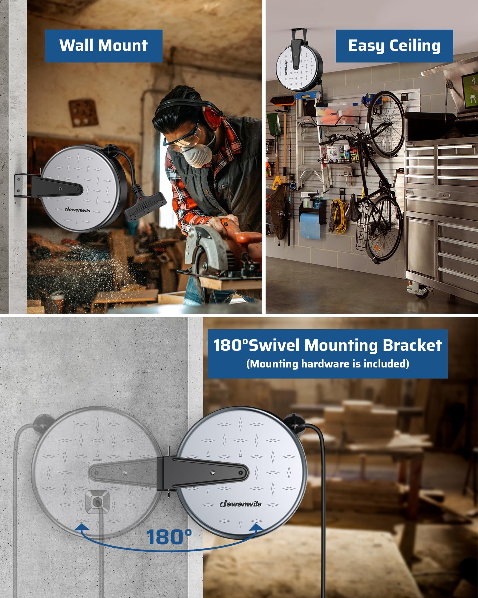 Dewenwils Metal Extension Cord Reel,30Ft Retractable Extension Cord, 16Awg/3C Sjtw Power Cord, 3 Electrical Outlets, 10A Circuit