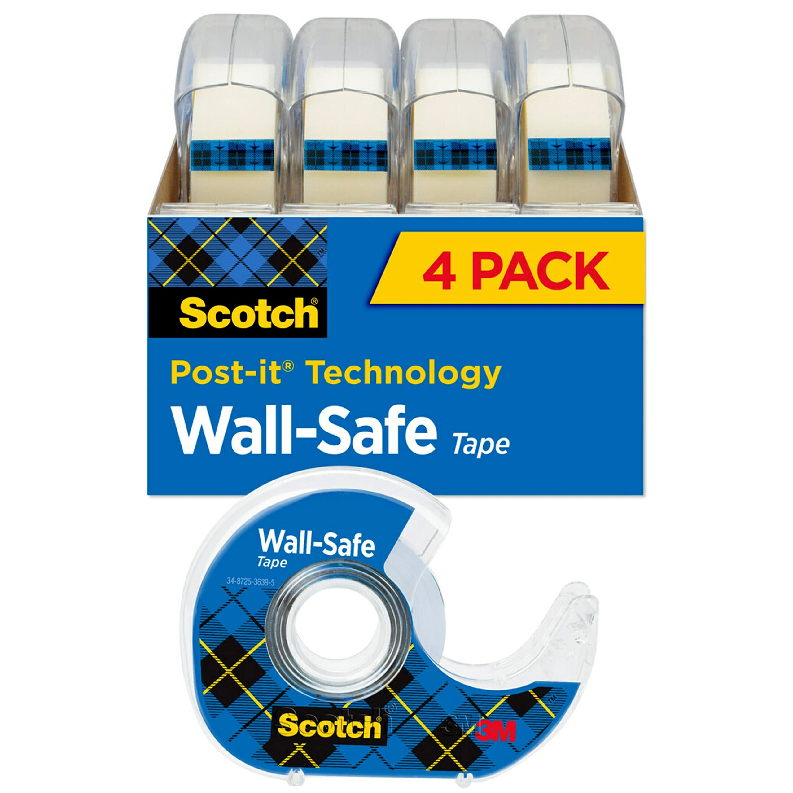 Scotch Wall Safe Tape, 4 Dispensered Rolls, Sticks Securely, Removes Cleanly, Invisible, Designed For Displaying, Photo Safe, 3/