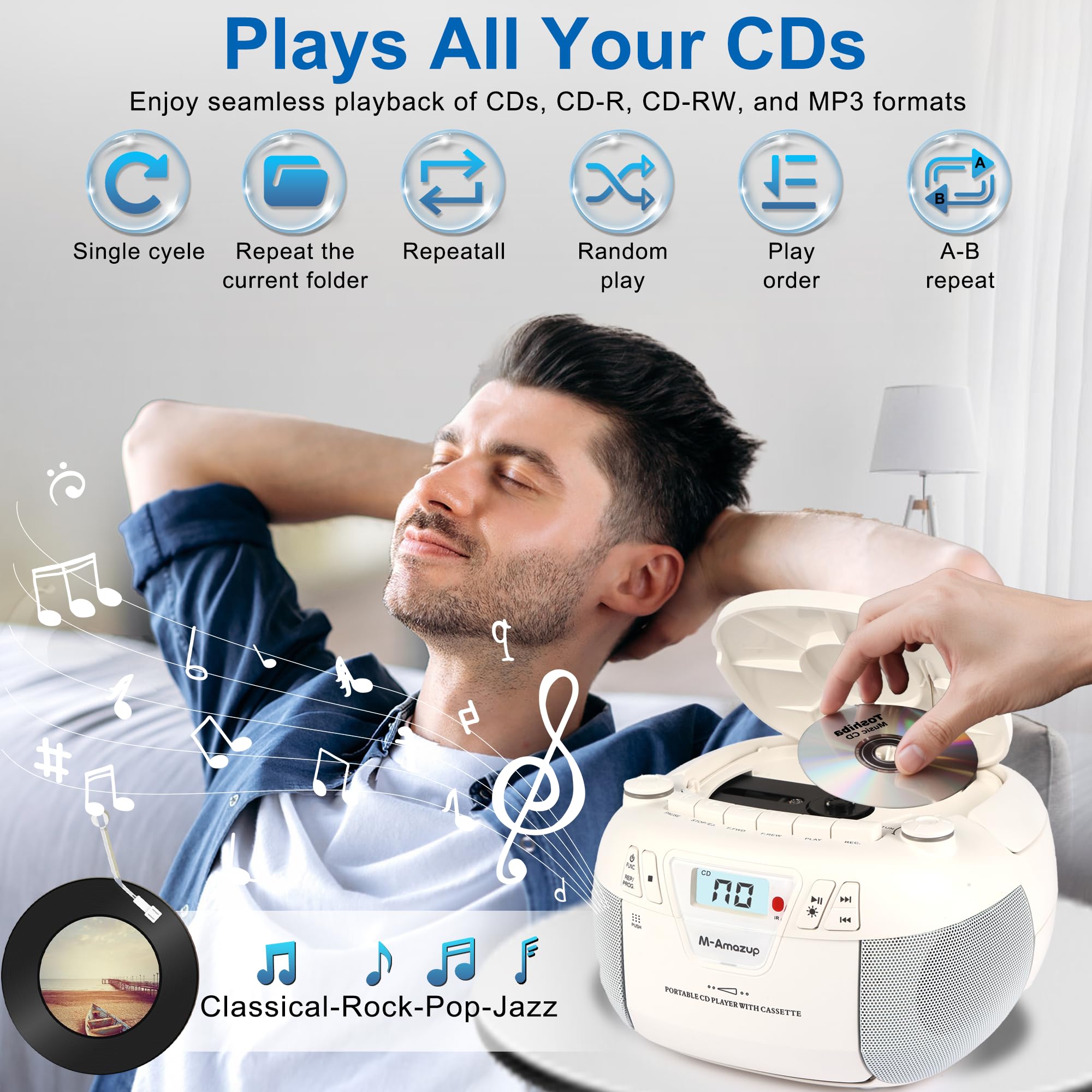 M-Amazup Boombox Cd Player Portable Cassette Player With Cd Mp3 Bluetooth Aux Tf/Usb Am/Fm Radio Ac/Dc Powered With Remote Contr