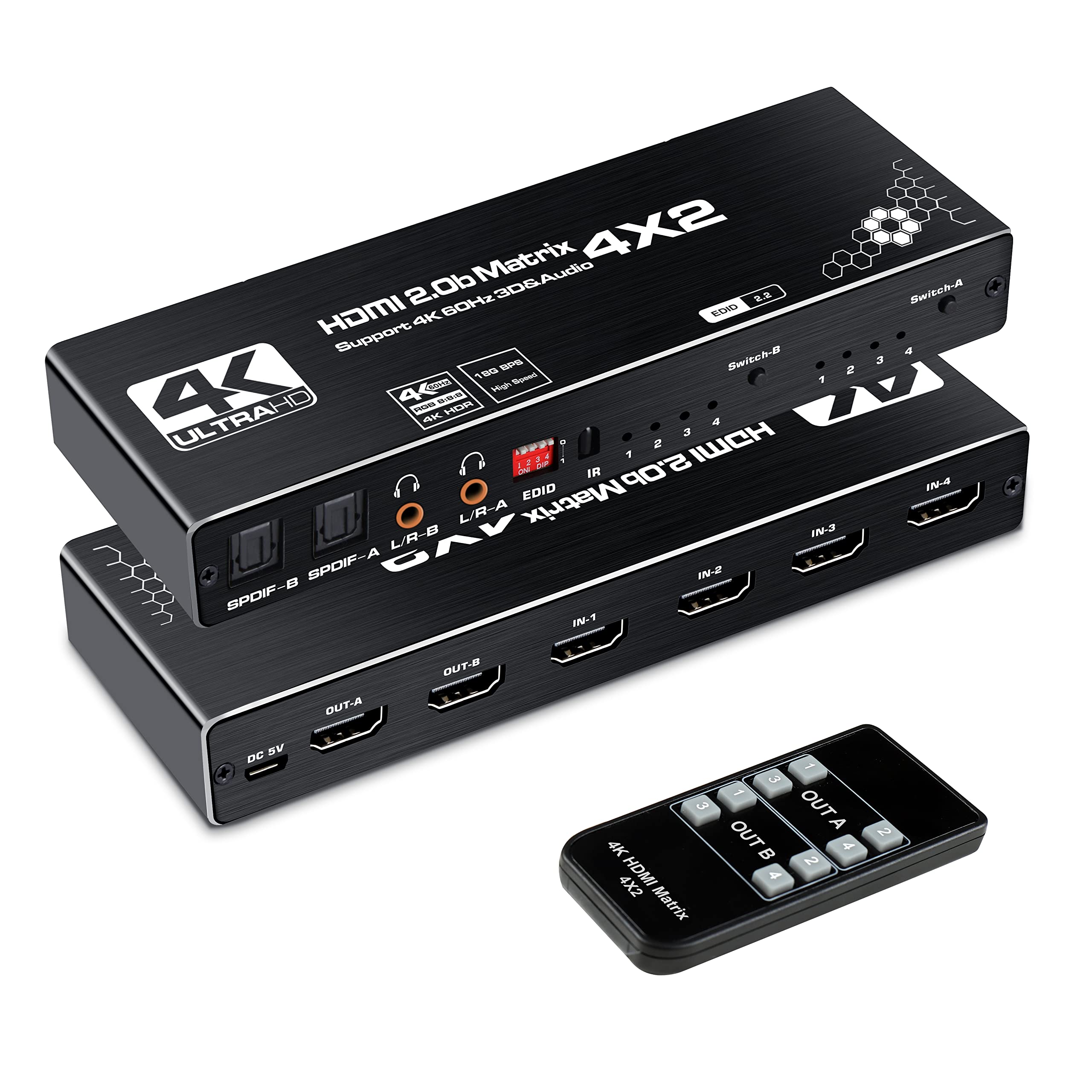 Avedio Links 4K@60Hz 4X2 Hdmi Matrix Switch, Hdmi 2.0B Matrix Switch 4 In 2 Out, 4K Hdmi Switcher Splitter + Optical And L/R Aud