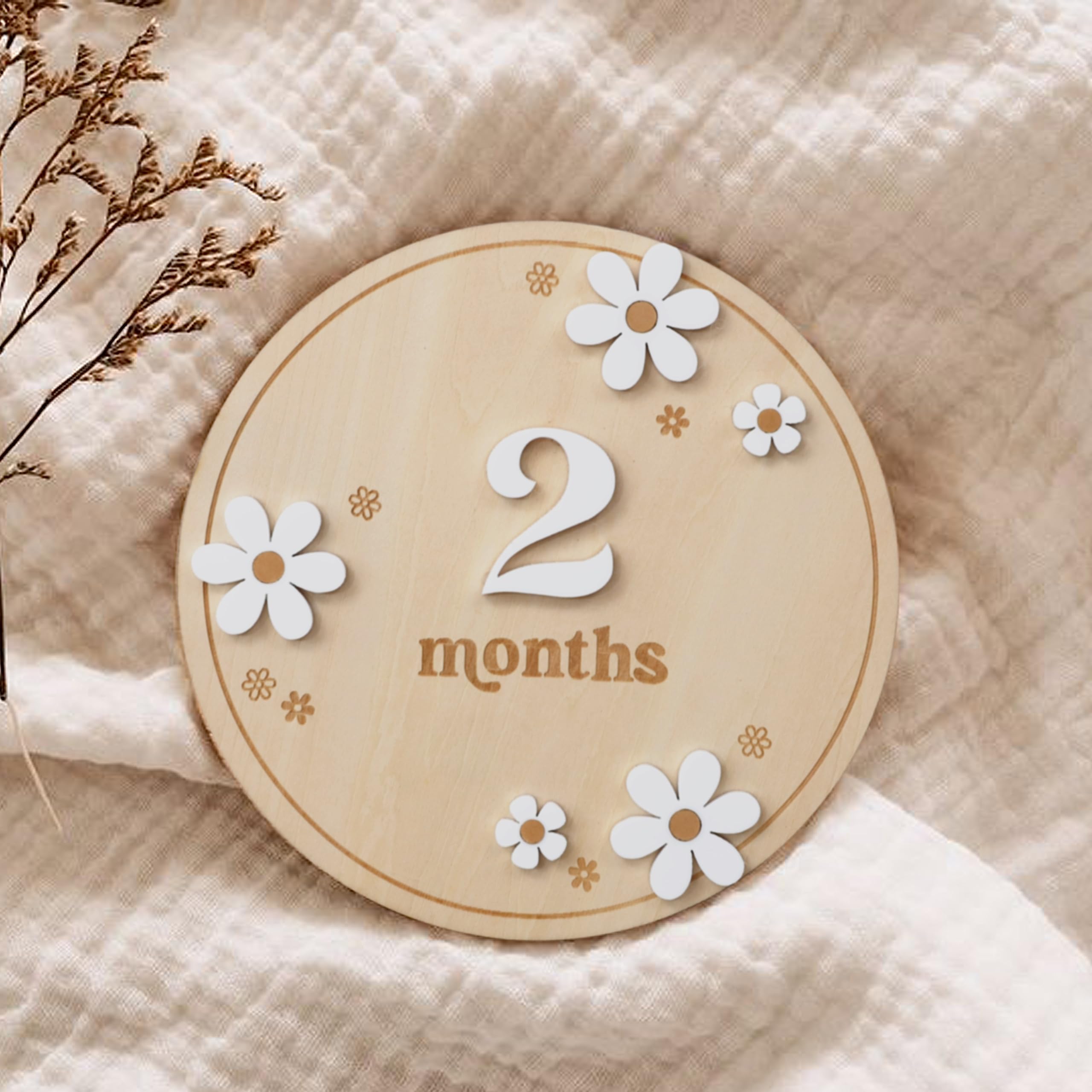 Wooden Boho Daisy Flower Milestone Cards   1 12 Months Interchangeable Milestone Card Decor,Baby Party Photo Prop,Full Moon Back