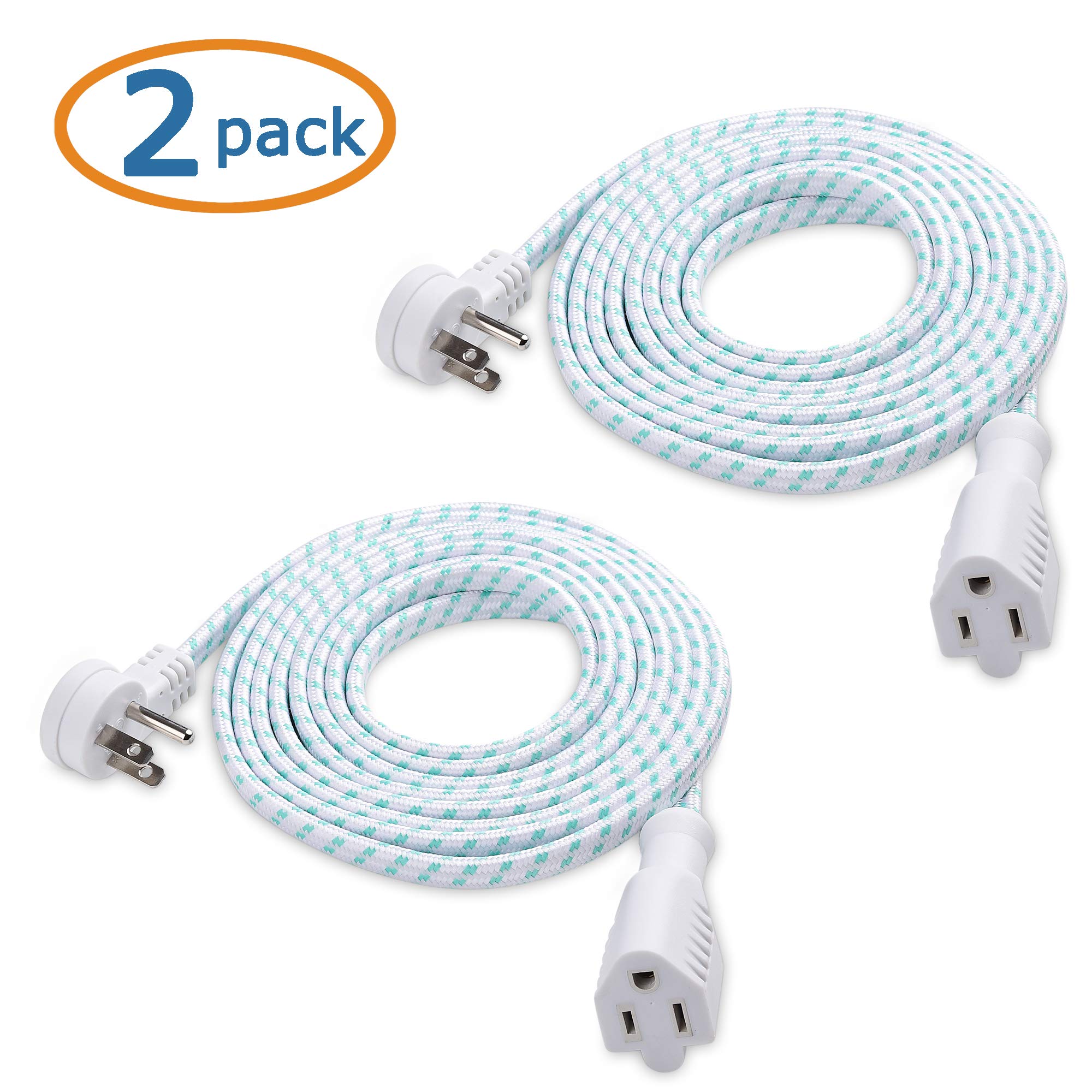 Cable Matters 2 Pack Braided Low Profile Flat Power Cord 10 Ft, 3 Prong (Flat Plug Extension Cord, Under Rug Power Extension Cor
