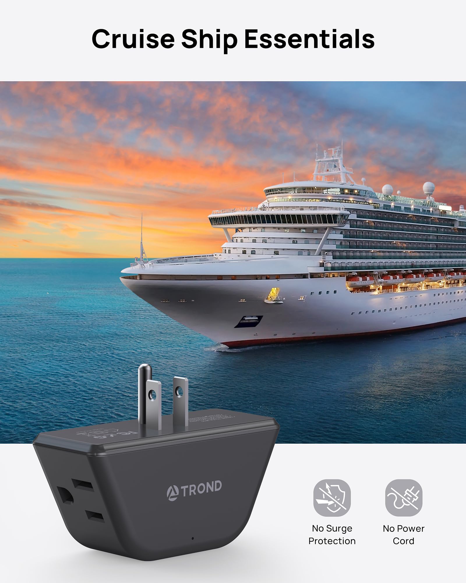 Trond Outlet Extender   3 Prong Grounded Plug Extension Outlet, 3 Way Angled Wall Plug Splitter, Cruise Ship Essentials, Multipl