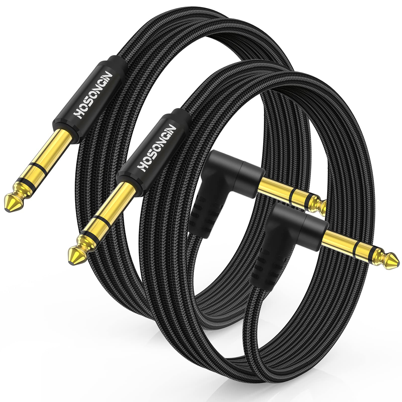 Hosongin 1/4 Inch Trs Instrument Cable 15 Feet 2 Pack, Straight To Right Angle 6.35Mm Male Stereo Audio Cord, Balanced Interconn