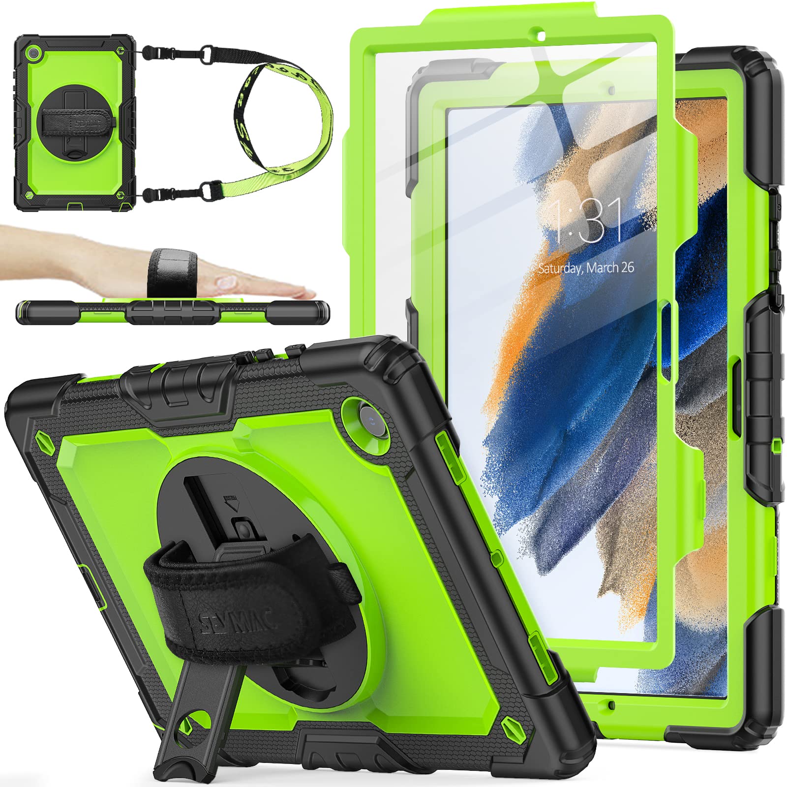 Seymac Stock 360 Hand Strap Shockproof Case For Samsung Galaxy Tab A8 10.5 Inch, Green+Black