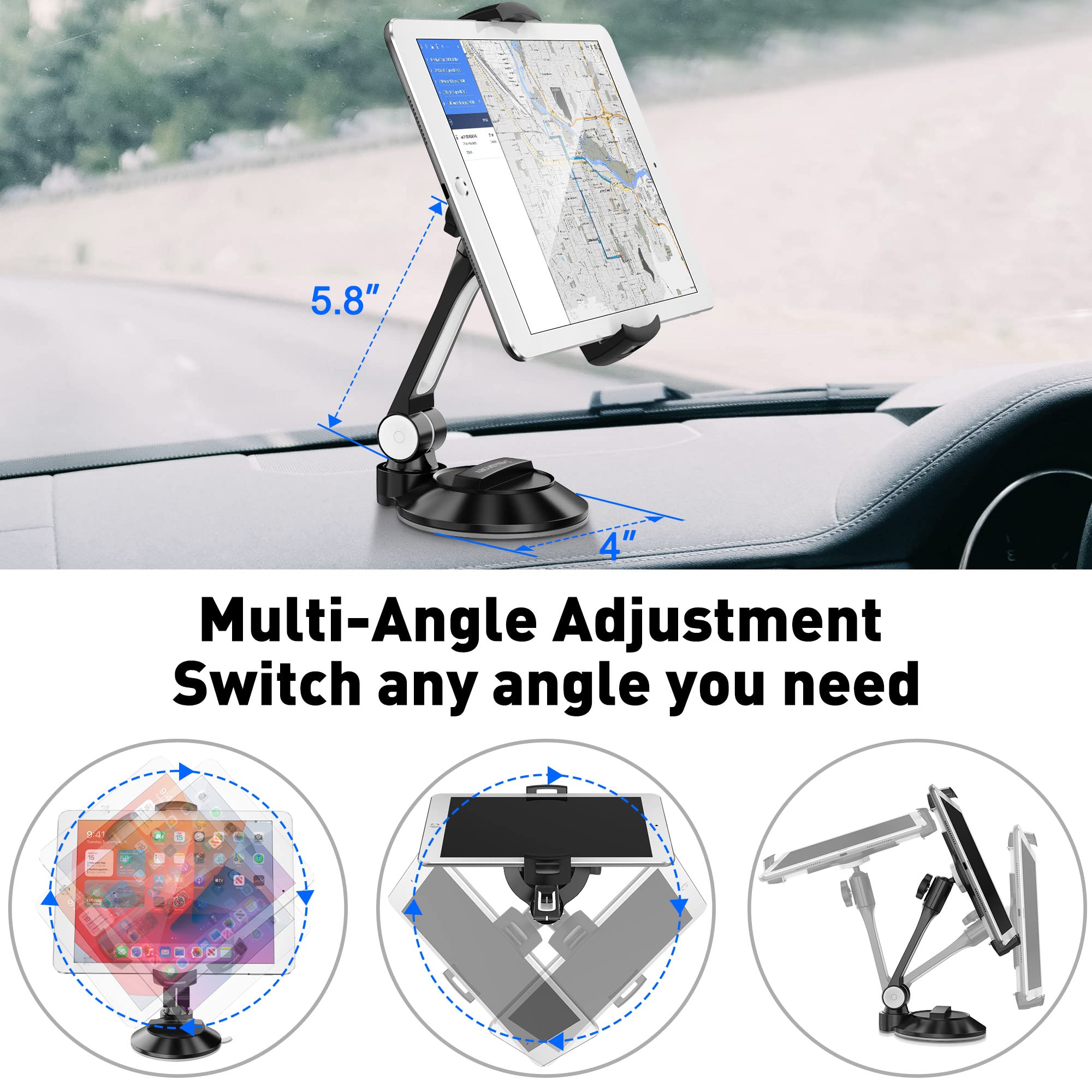 AboveTEK iPad Suction Mount, Phone Tablet Stand Holder with Suction Cup Fits 4' 11' Tablet/Phone/iPad Mini/iPad Air, Sticky iPad Mount on Window Bathroom Mirror, for Car Truck Windshield Boat (Black)