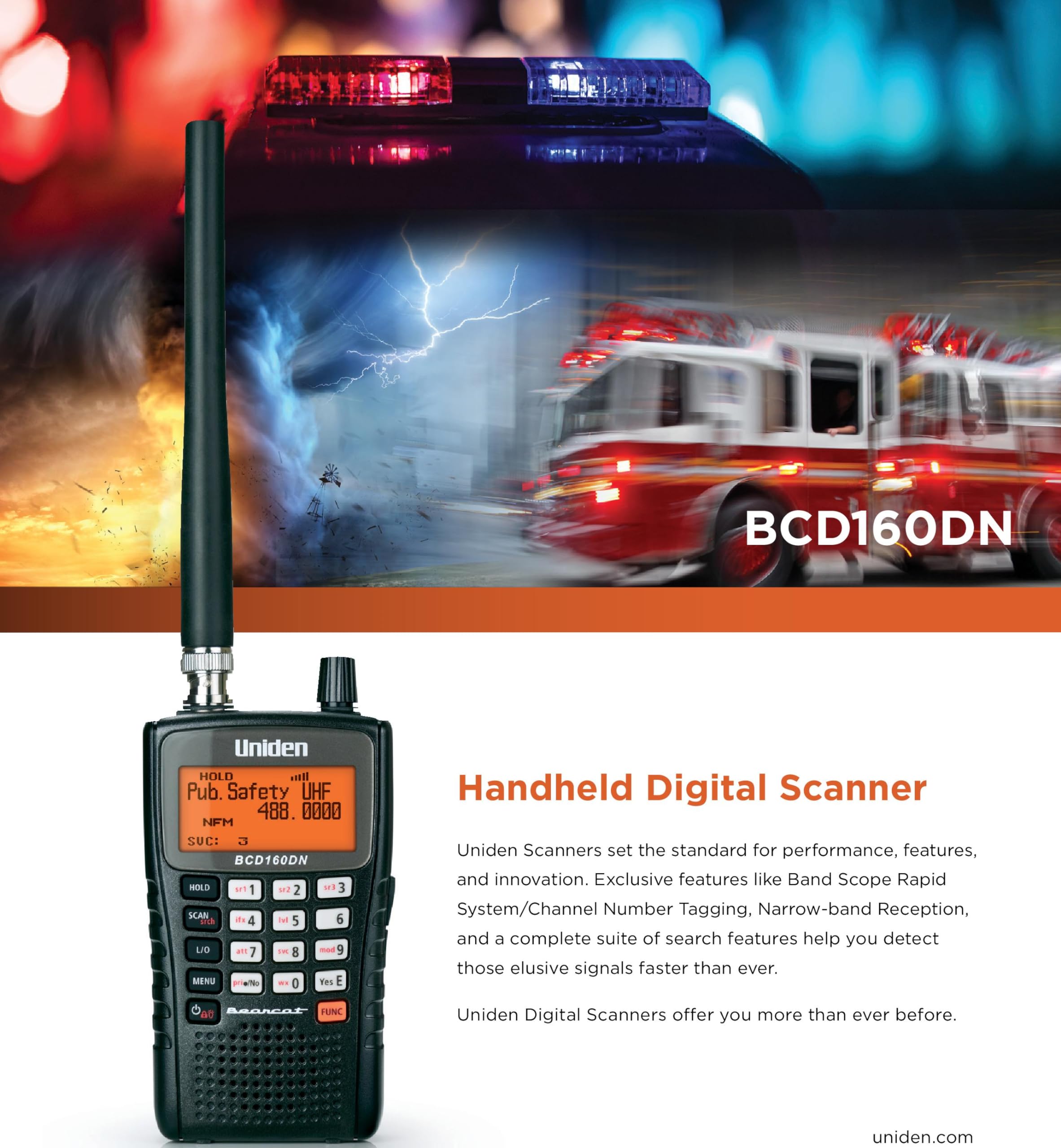 Uniden Bearcat Bcd160Dn Handheld Digital Scanner, Exclusive Features, Band Scope Rapid System/Channel Number Tagging, Narrow Ban