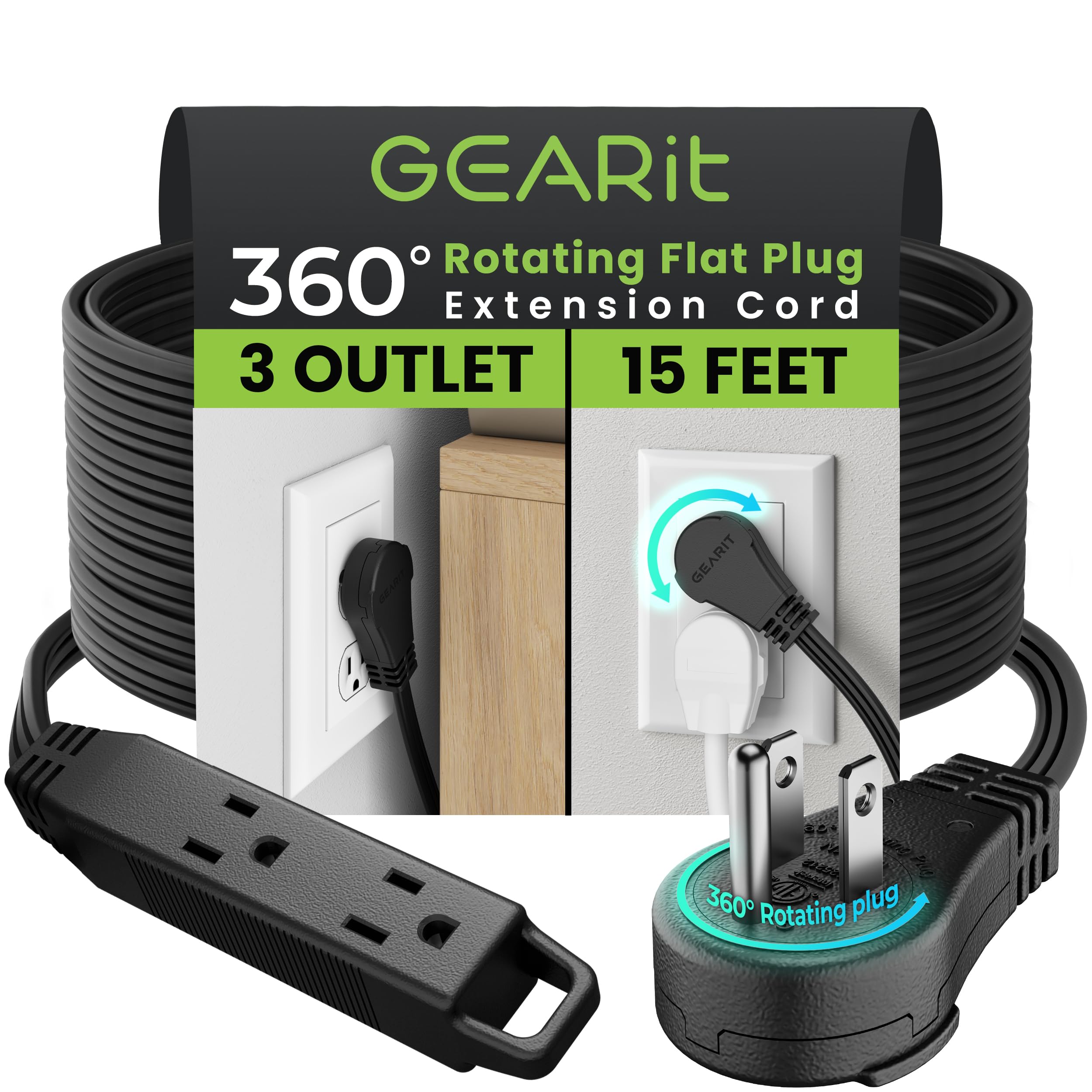Gearit 360 Rotating Flat Plug Extension Cord (15Ft, Black) Multi 3 Outlet Extension 16 Awg Wire, Adapter For Small Spaces, Right