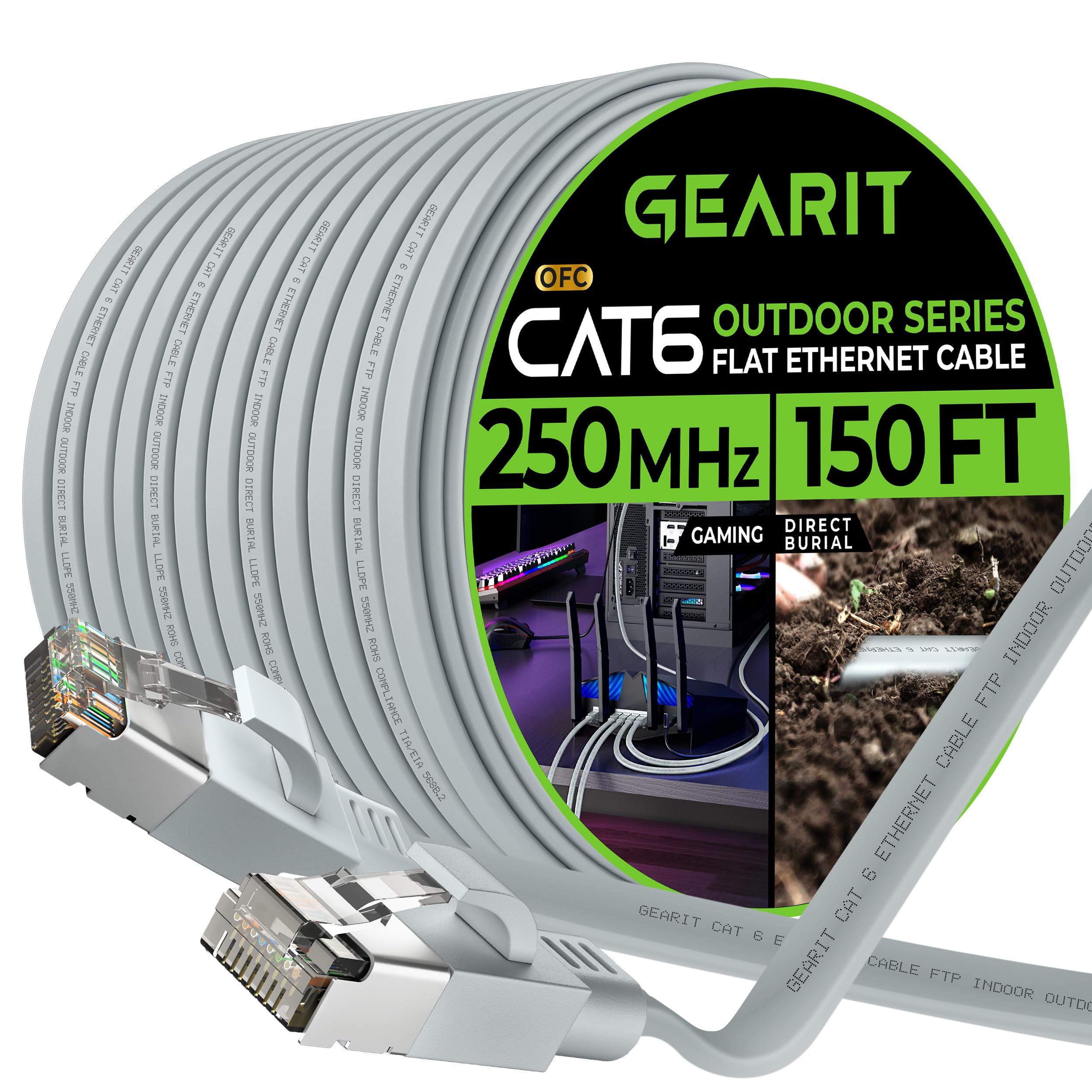 Gearit Cat 6 Outdoor Flat Ethernet Cable (150Ft, Gray) Direct Burial Rated Lldpe Jacket   Indoor Cat6 Shielded Ftp 10Gbps High S