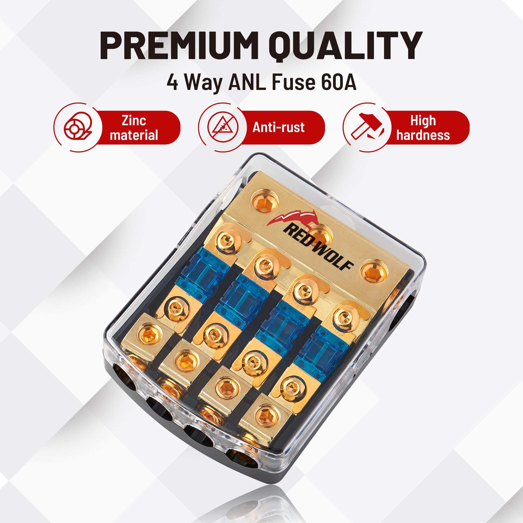 Red Wolf 4 Way Anl Fuse Holder 60A, 0/2/4 Gauge In 4/8 Gauge Out Fuse Distribution Block For Car Boat Trolling Motor Marine Audi