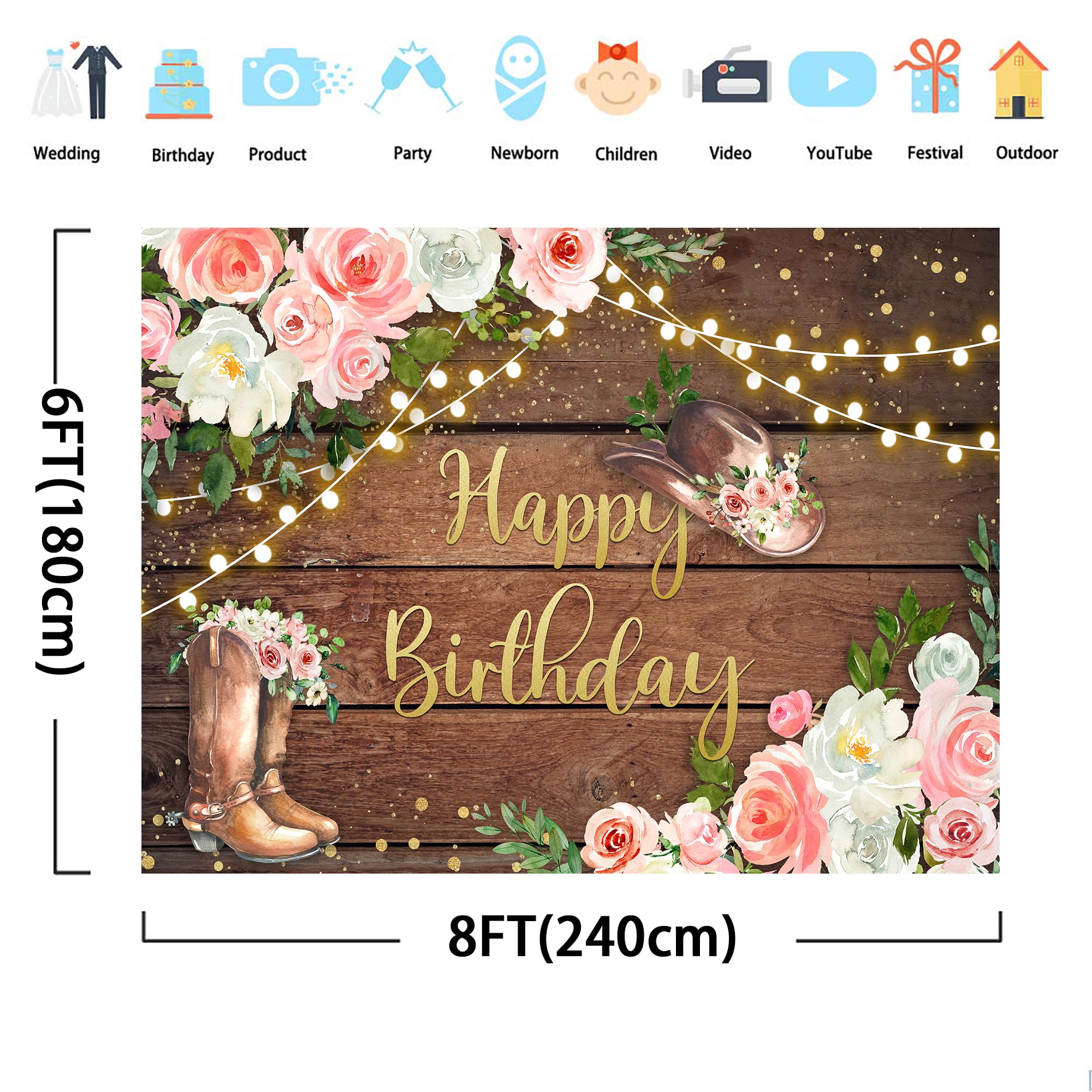 Svbright Cowgirl Birthday Backdrop 8Wx6H Western Rustic Country Wooden Plank Pink Flower Floral Happy Birthday Baby Shower Hat P