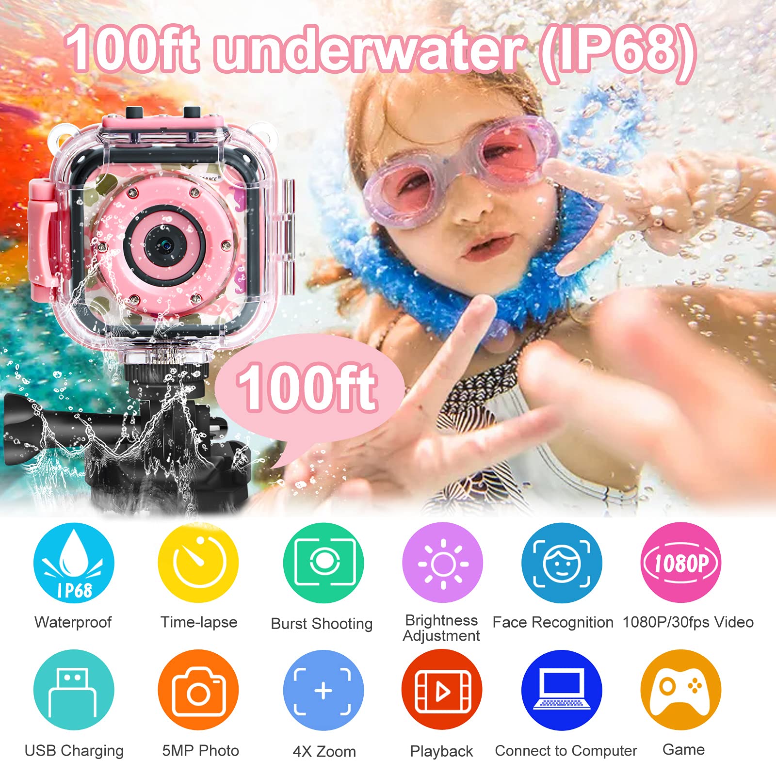 Prograce Kids Camera Waterproof Gift Toy   Children Digital Video Camera Underwater Camera For Kids 1080P Camcorder Dv Toddler Camera For Girls Birthday Pool Toys Age 3 14