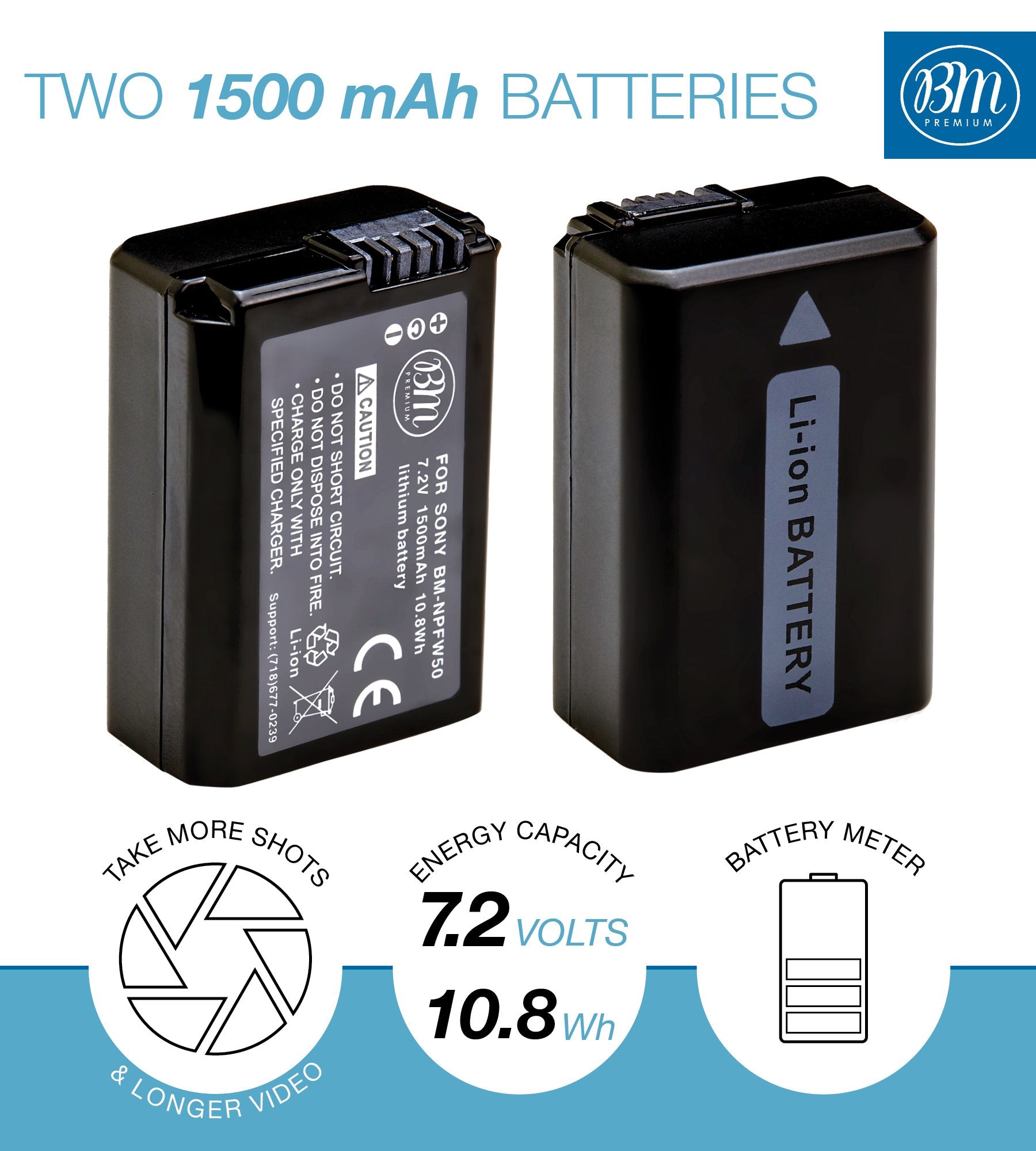 BM Premium 2 NP FW50 Batteries for Sony A6100, DSC RX10 IV, DSC RX10 III, DSC RX10 II, DSC RX10, Alpha 7, Alpha 7R, a7, a7R, a7R II, a7S, a7S II, a3000, a5000, a5100, a6000, a6300, a6500 Cameras