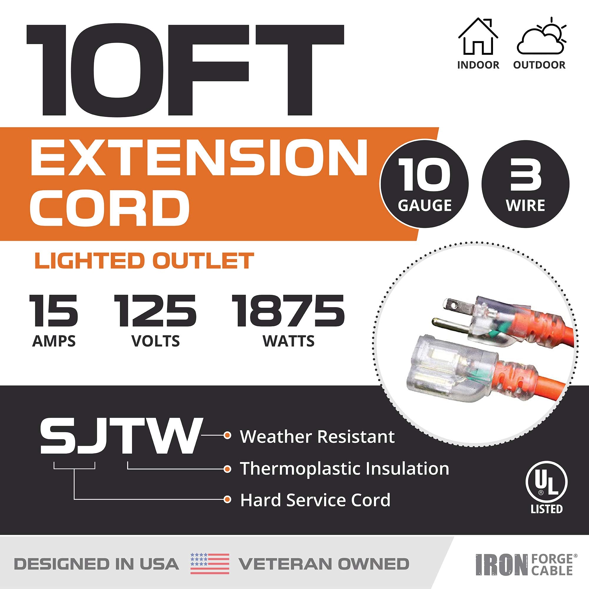 Iron Forge Cable 10 Gauge Extension Cord 10 Ft, 10/3 Heavy Duty Extension Cord 10 Foot 3 Prong Lighted End, Sjtw Weatherproof Or