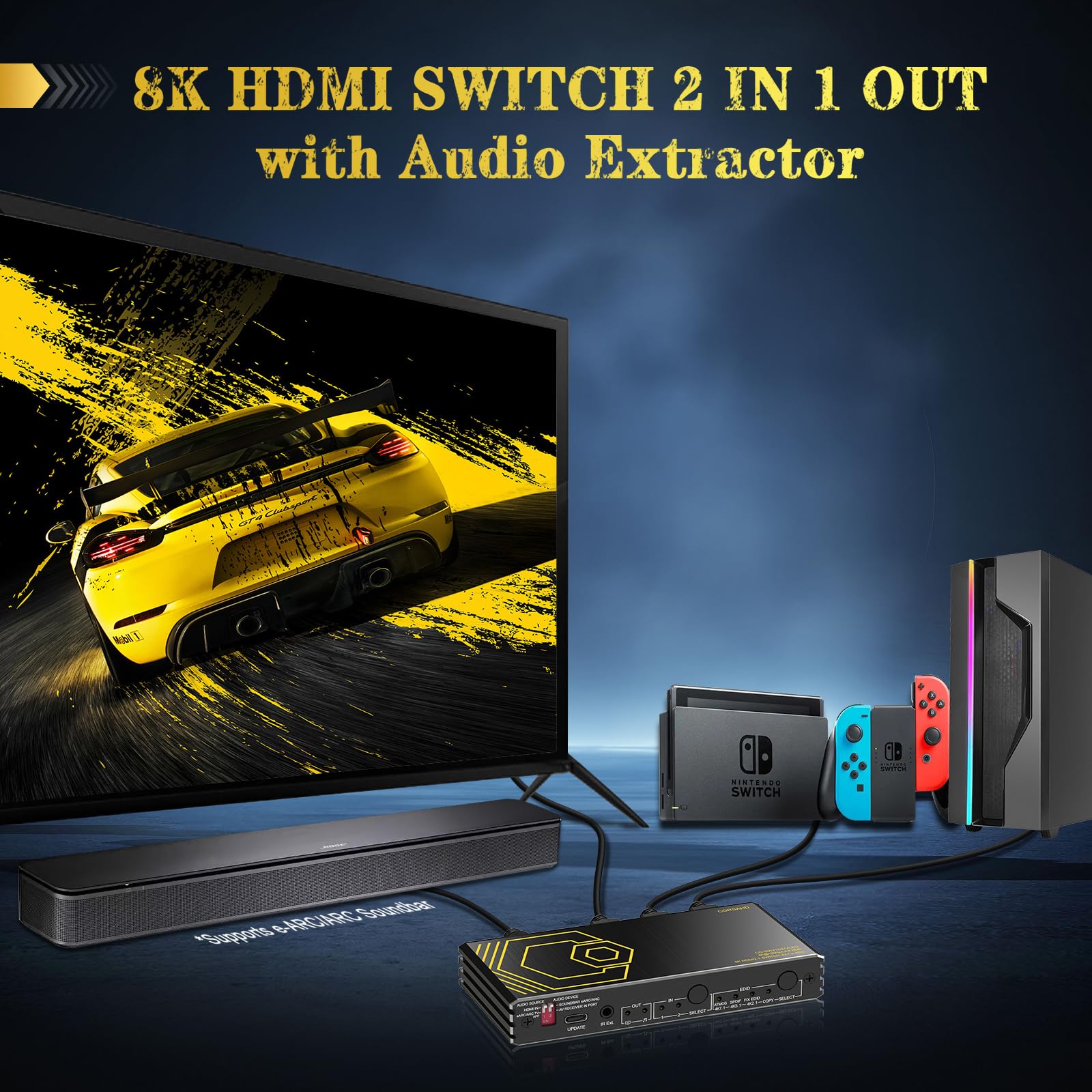 8K@60Hz 4K@120Hz Hdmi2.1 Switch 2 In 1 Out With Audio Extractor Earc,Arc,7.1Ch,Spdif 5.1Ch,48Gbps,Hdcp2.3 Bypass,Vrr,Ir,3D,Hdr 1