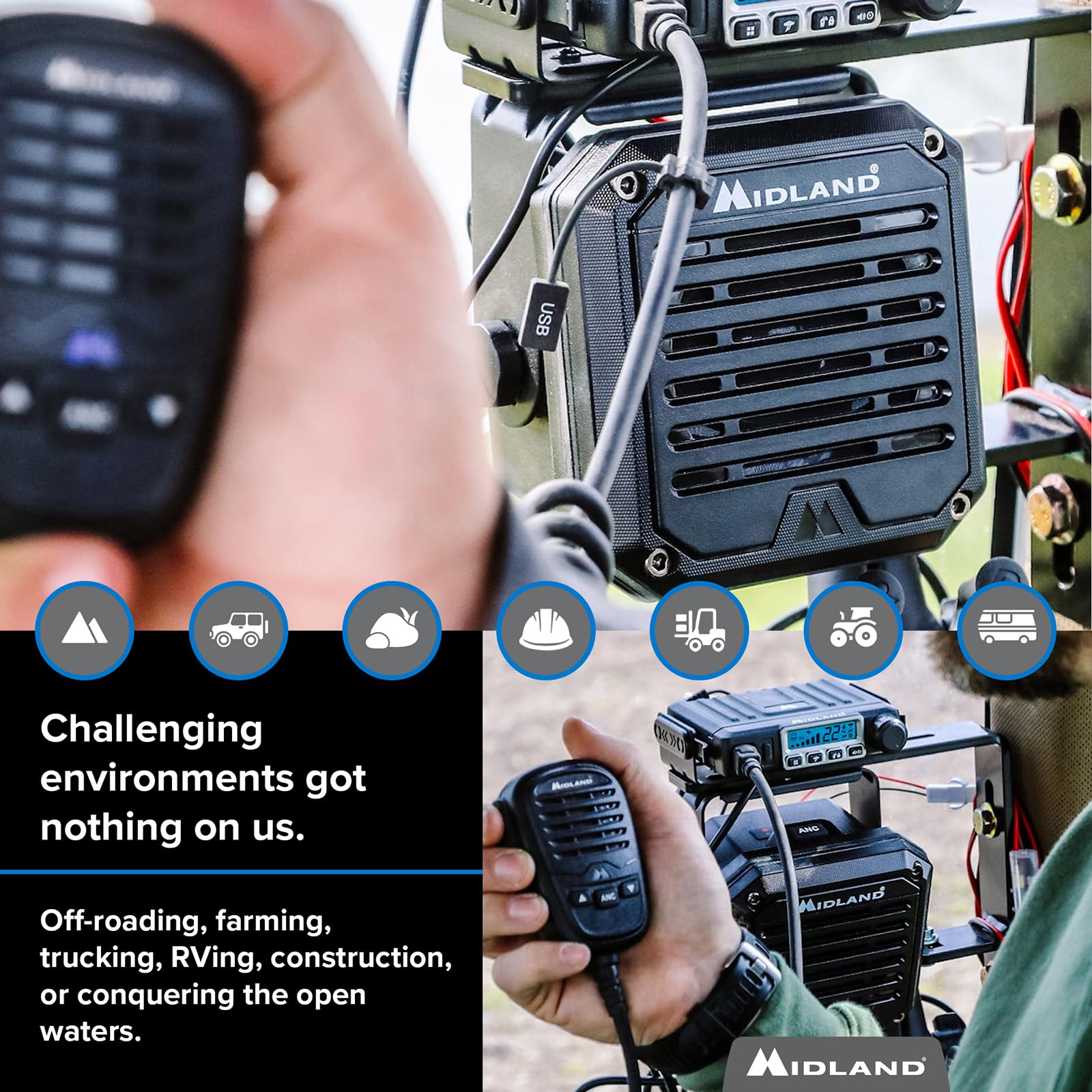 Midland Spk200   Amplified External Speaker With Ai Noise Cancellation, 20 Watts Of Power, 8 Ohms Dynamic Sound, Ip67 Waterproof (Ultimate)