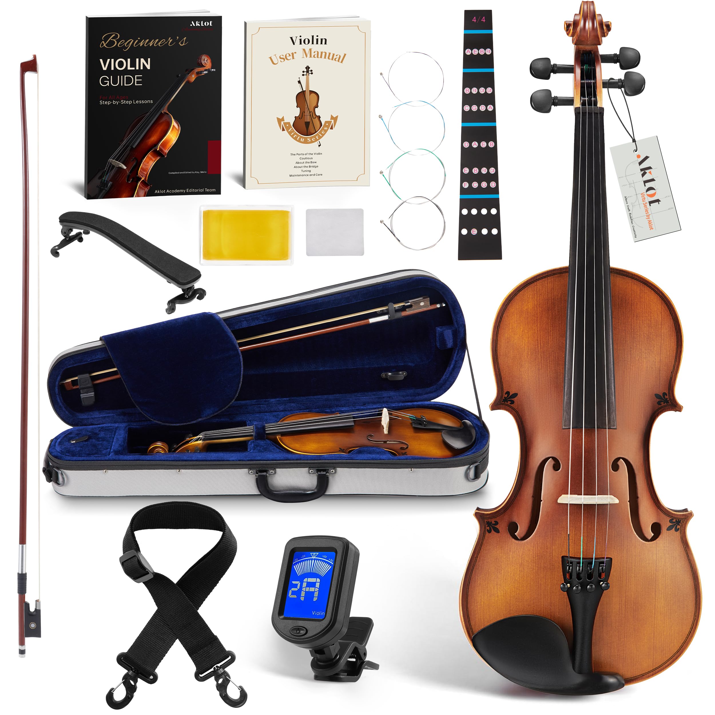 AKLOT Handcrafted Full Size Violin: 4/4 Solid Wood Fiddle, Acoustic Beginner Violin Kit with Hard Case, Lesson Book, Bow, Should