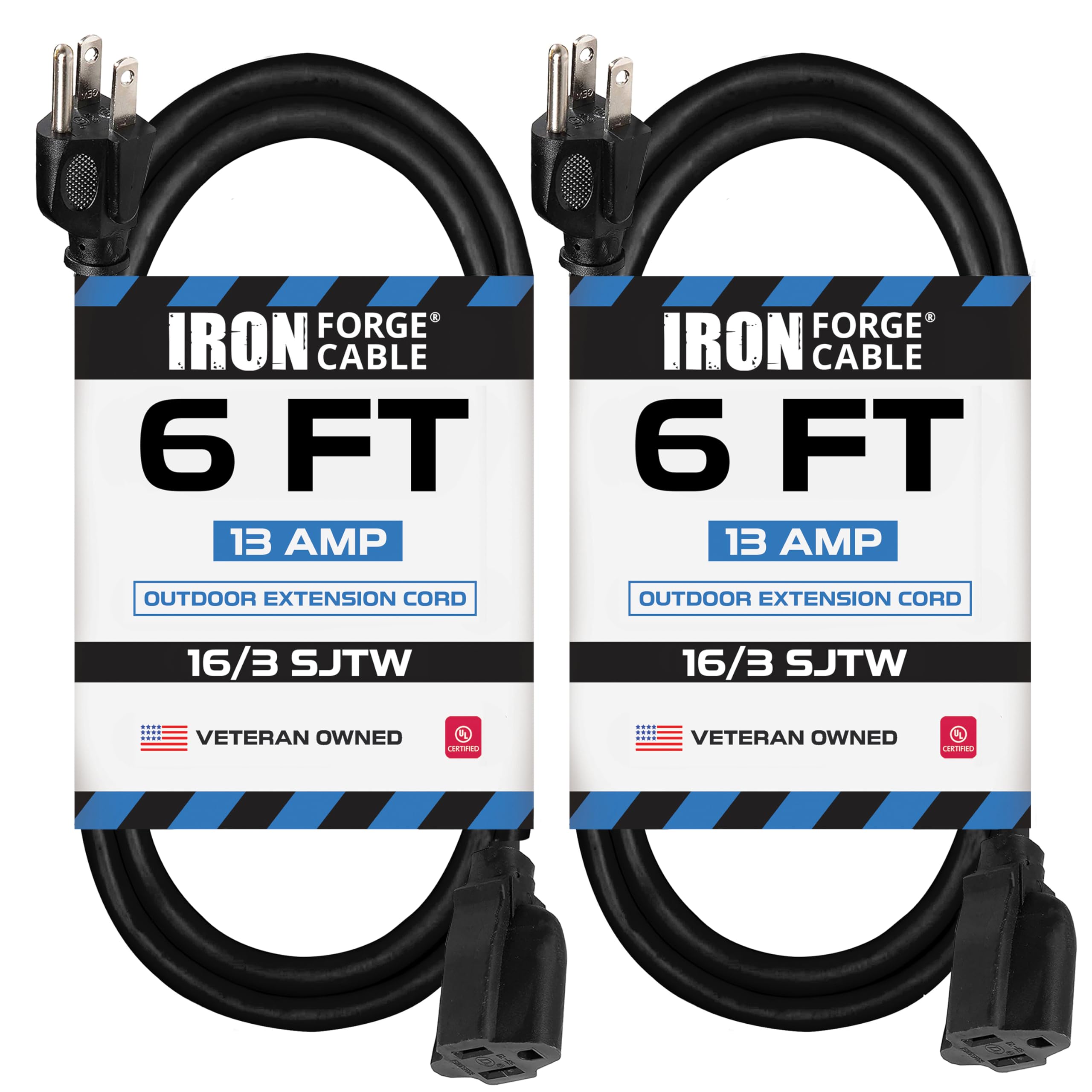 Iron Forge Cable 2 Pack Of 6 Ft Outdoor Extension Cords   16/3 Heavy Duty Black Extension Cord Pack