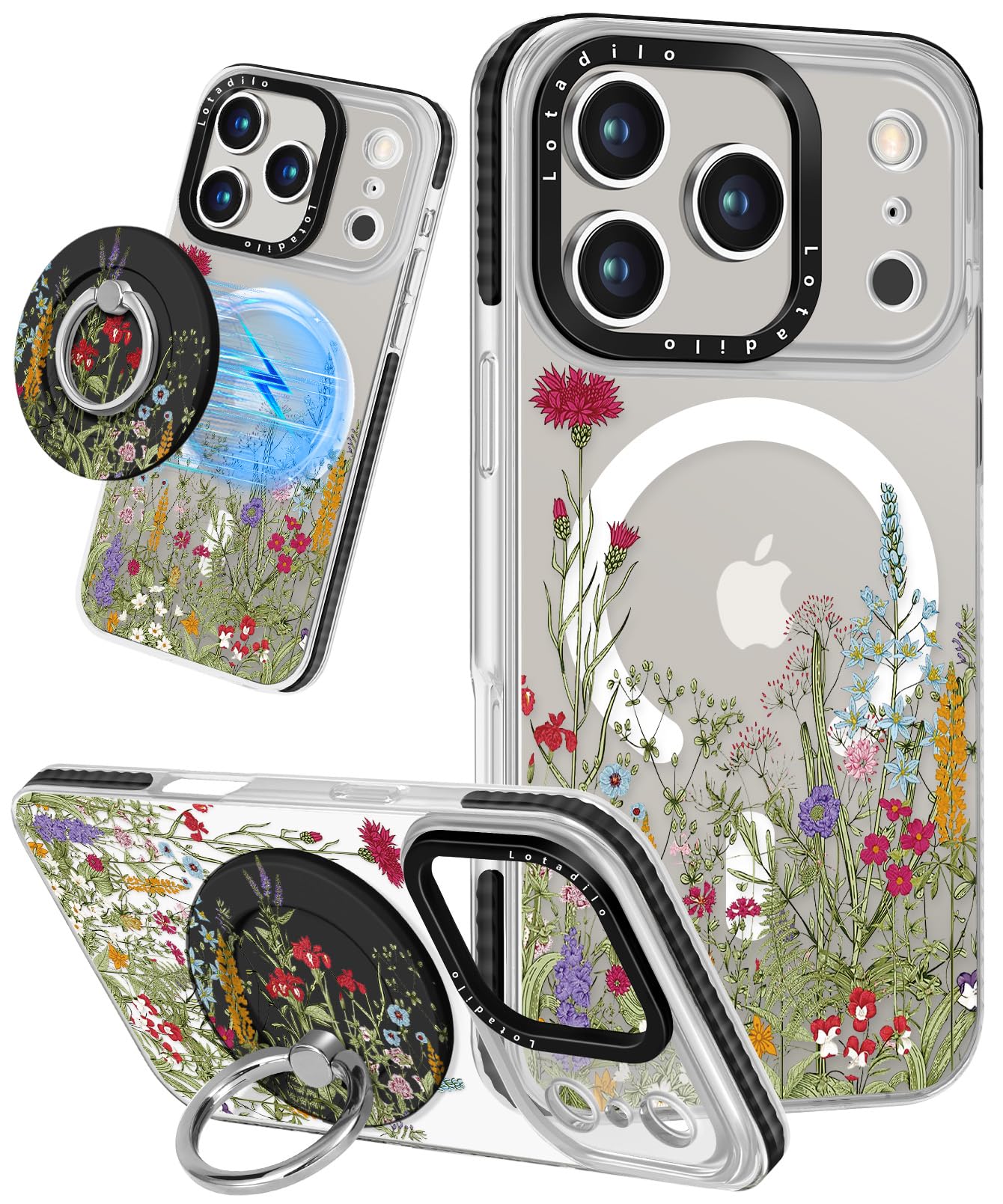Lotadilo Case for iPhone 17 Pro Max Case Compatible with Magsafe Ring Holder Stand - for Women Wild Floral Design TPU Phone Cove