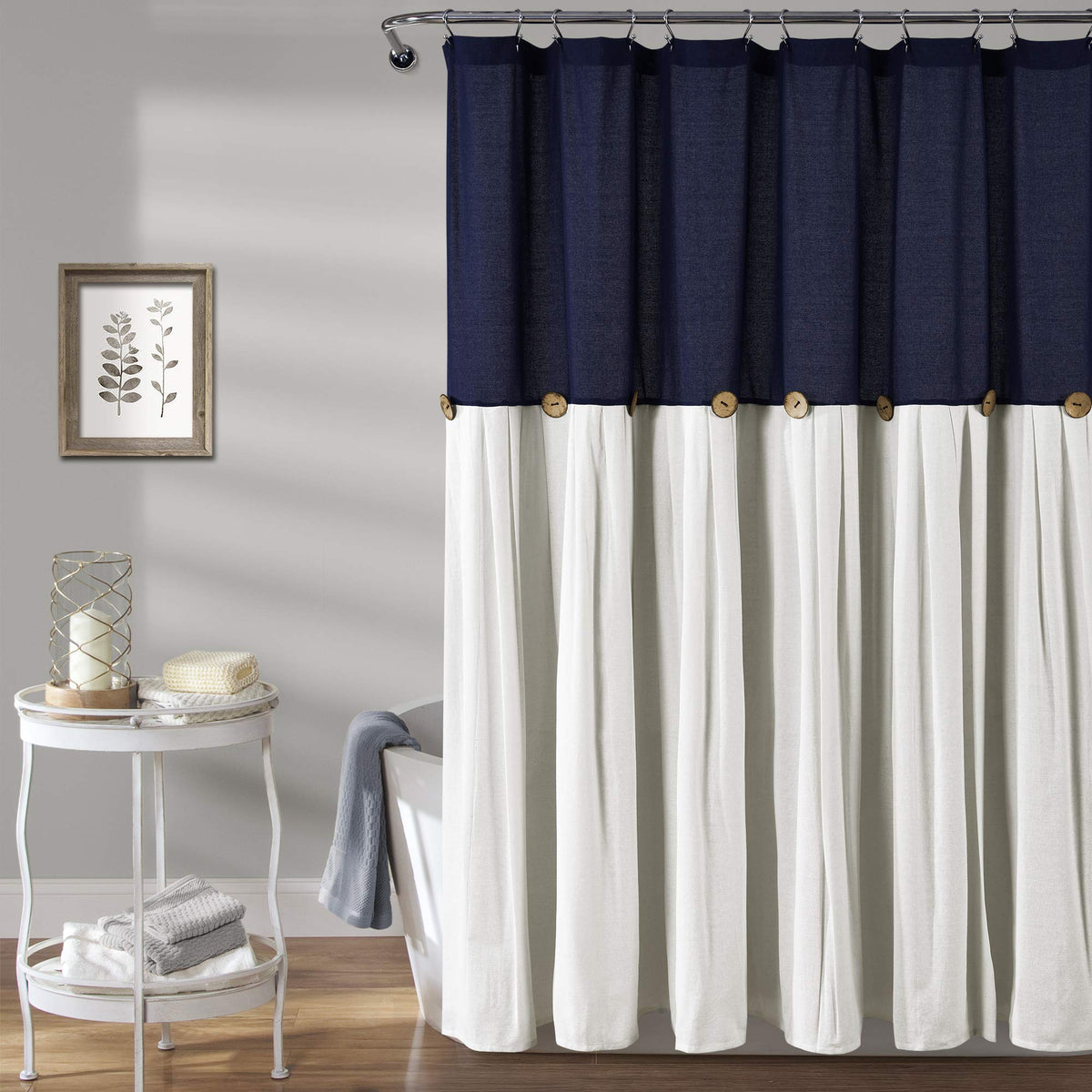 Lush Decor Linen Button Farmhouse Shower Curtain Pleated Two Tone Design For Bathroom, 72 X 72, Navy  White
