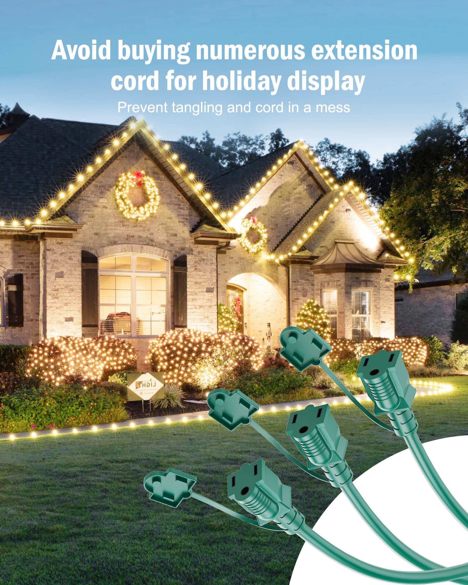 18 Ft Outdoor Extension Cord Multiple Outlet, 1 To 3 Outdoor Extension Cord Splitter With Safety Cover, 3 Prong Plug With 3 Exte