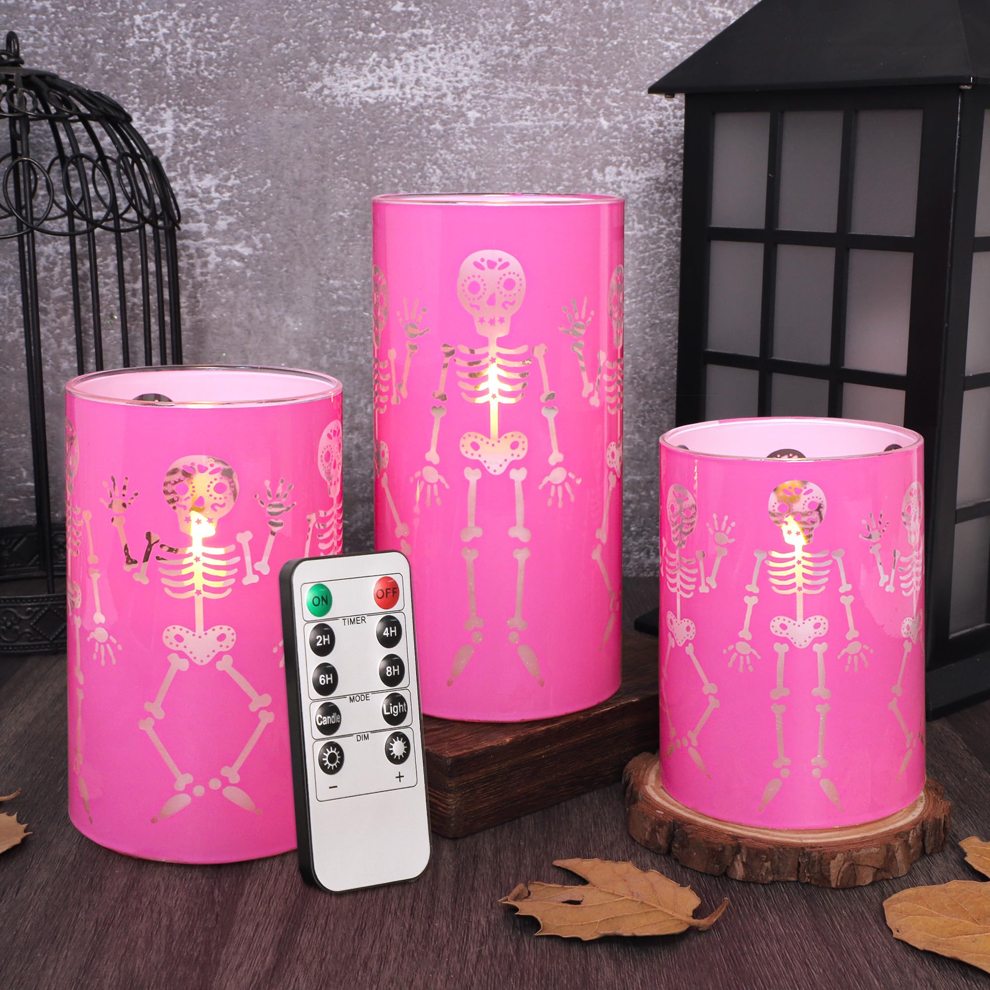 Flavcharm Glass Flameless Candles Halloween Gothic Decor Battery Operated Electric Flickering Candles With Remote Control Pink F