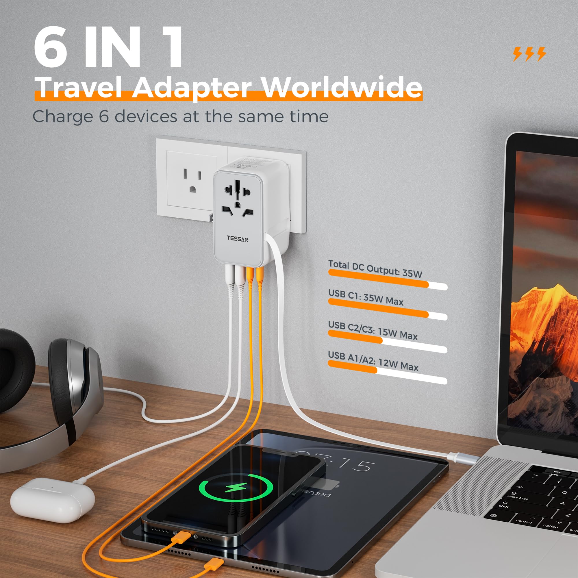 Universal Travel Adapter, Tessan 35W International Plug Adapter Built In 1 Usb C Cable, 4 Usb Ports Travel Adaptor Worldwide For