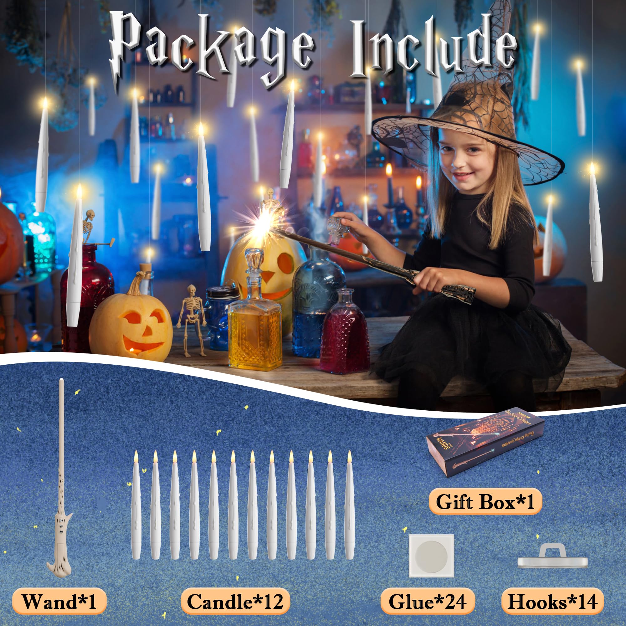 Joione Floating Candles With Wand, 12 Pack Halloween Flameless Candles Magic Hanging Taper Candles With Wand Remote, Battery Ope