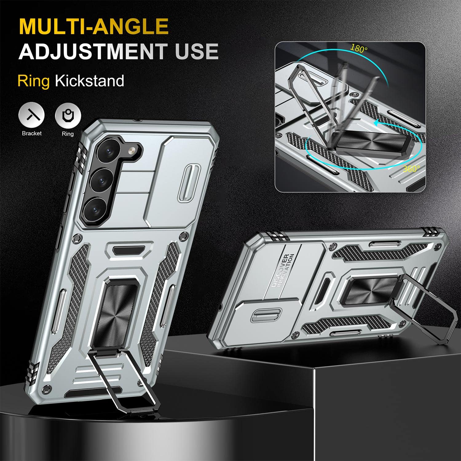 SEFING Samsung Galaxy S23 Phone Case with Kickstand, Camera Cover & Magnetic Car Mount - Grey TPU