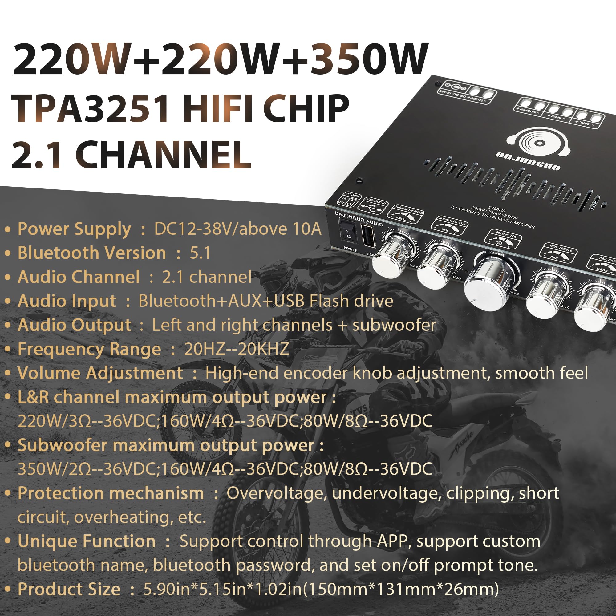 S350Hs Tpa3251 Bluetooth Power Amplifier Board With Subwoofer 2.1 Channel 220W  2+350W, 12V 38V Audio Power Amplifier Module Wit