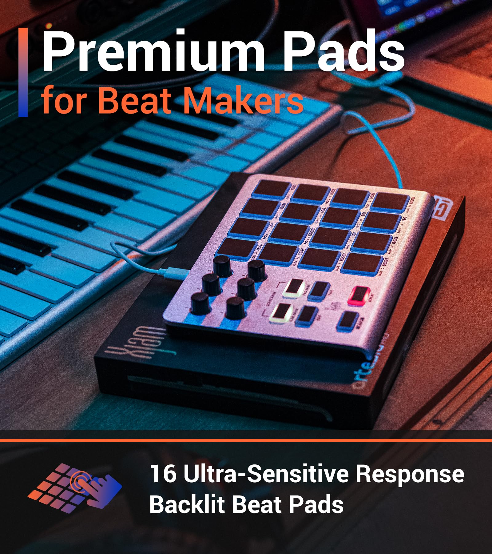 Xjam Professional Midi Pad Controller - Ultra-Portable Aluminum Frame Midi Drum Pad With 16 Beat Pads And 6 Assignable Knobs, Be