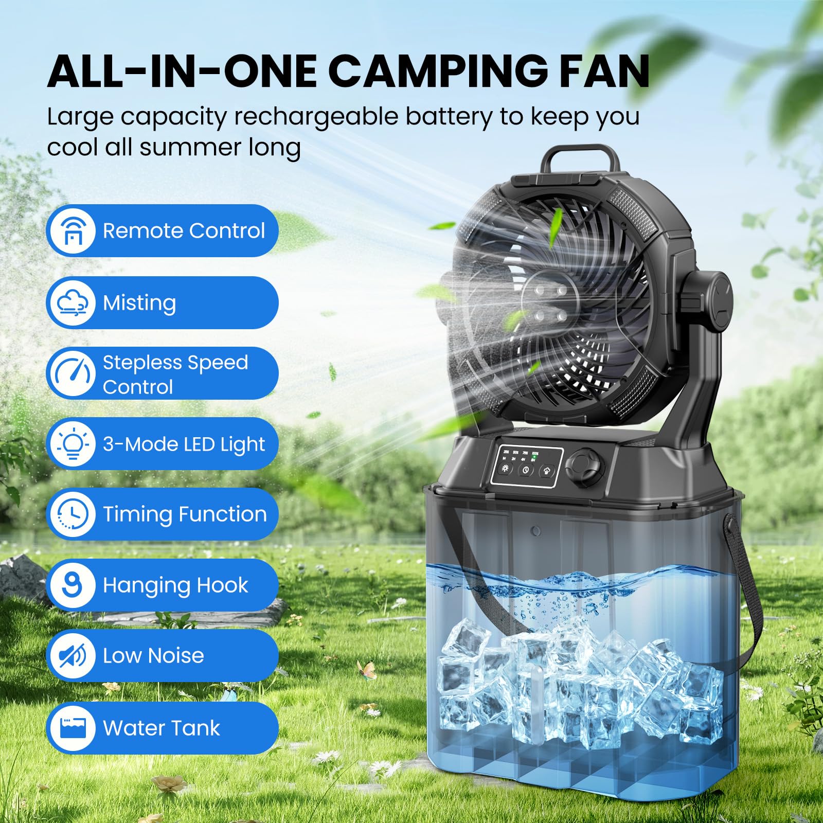 Misting Fan Portable 42800Mah Rechargeable With Remote Control, Camping Fan With Led Light & Stepless Speed Control & Cooling Sp
