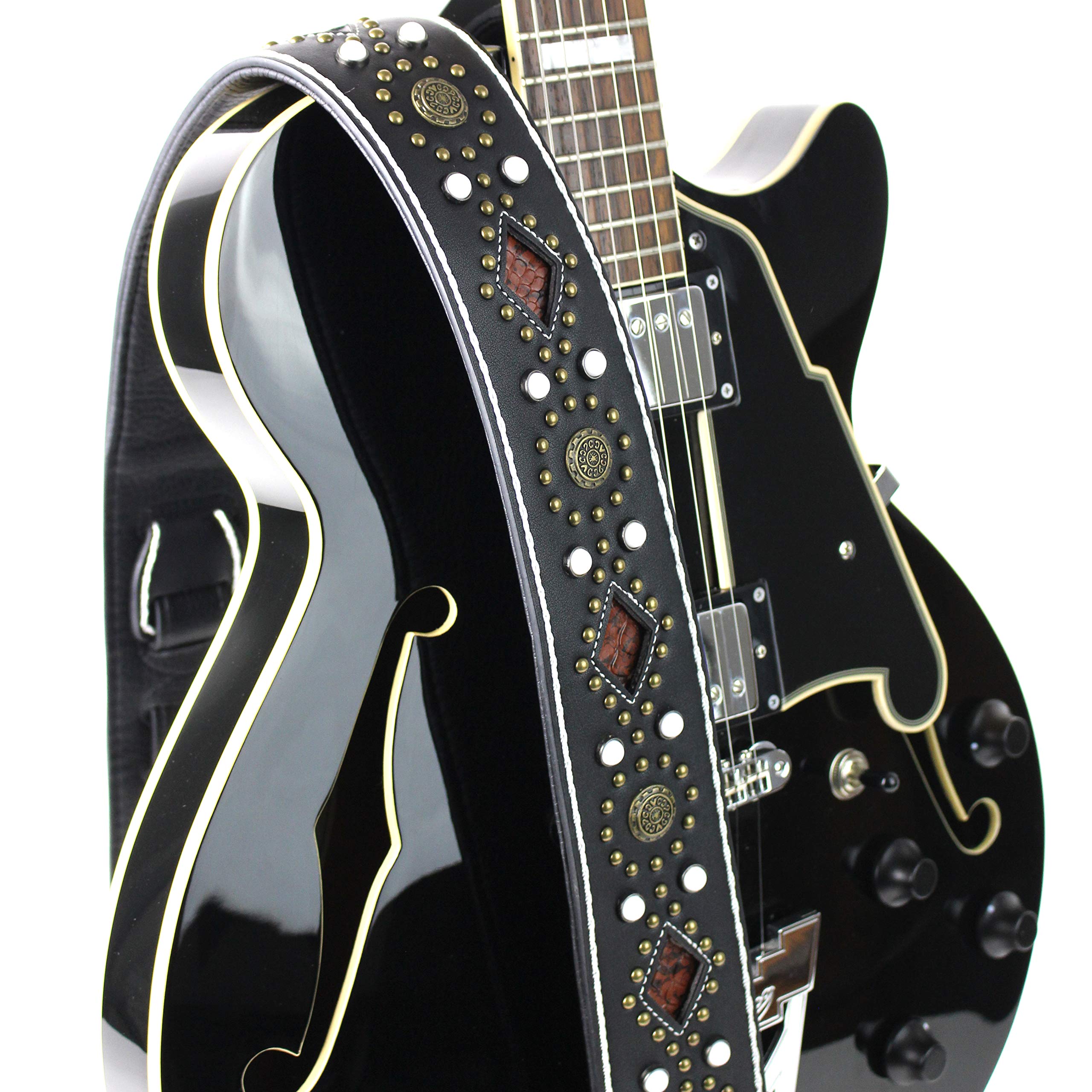 Walker And Williams Gtr 20 Wht Sedona Special Premium Black Padded Guitar Strap With White Stitching Brass Studs & Rivets For Ac