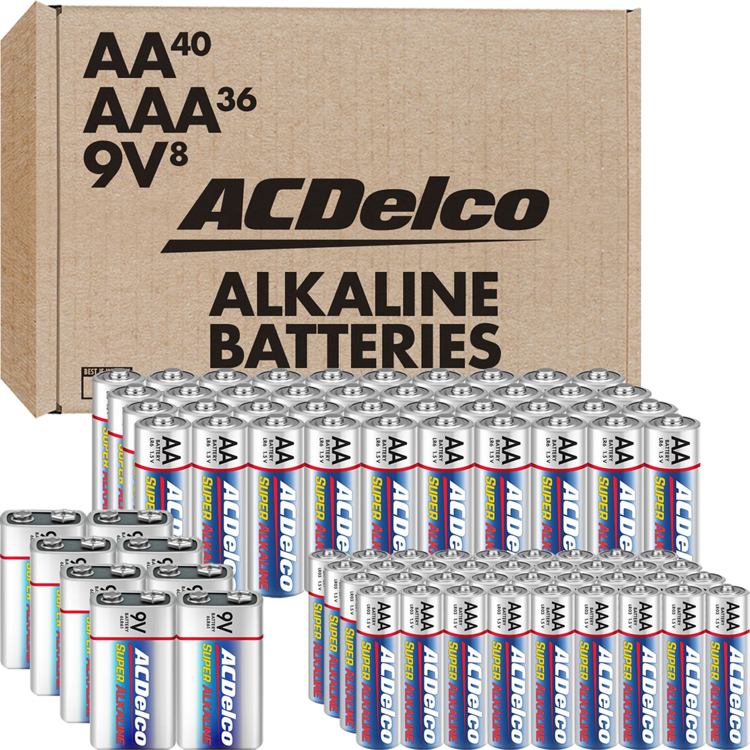 Acdelco Alkaline Batteries Combo Pack, 40 Double Aa, 36 Triple Aaa, 8 Count Of 9 Volt