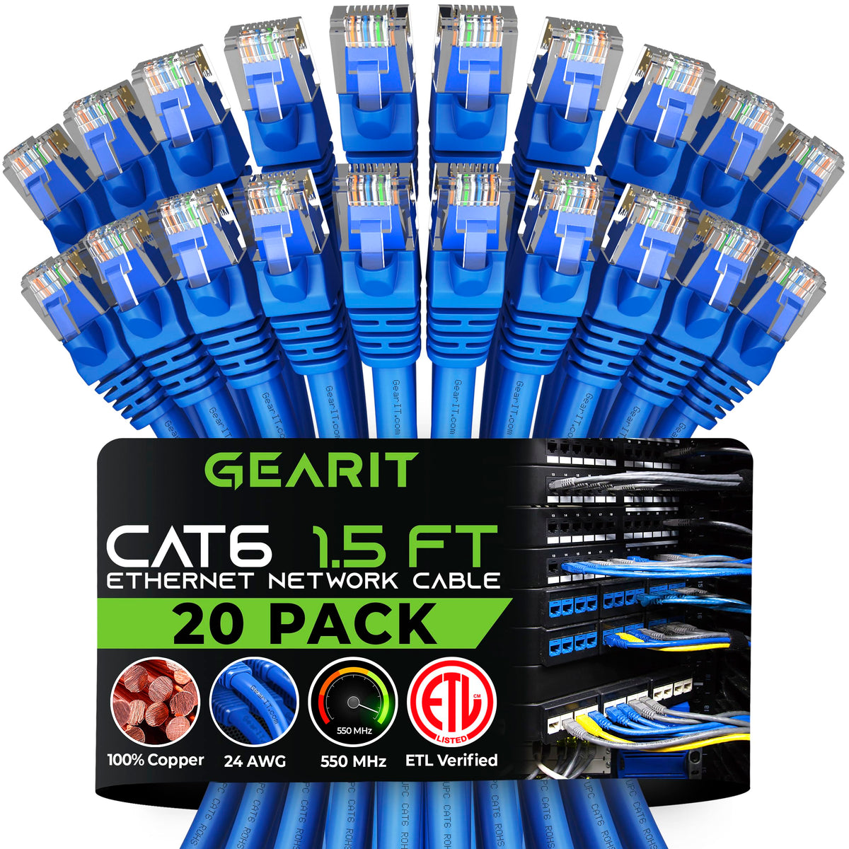 Gearit Cat 6 Ethernet Cable 1.5 Ft 18 Inch (20 Pack)   Cat6 Patch Cable, Cat 6 Patch Cable, Cat6 Cable, Cat 6 Cable, Cat6 Ethern