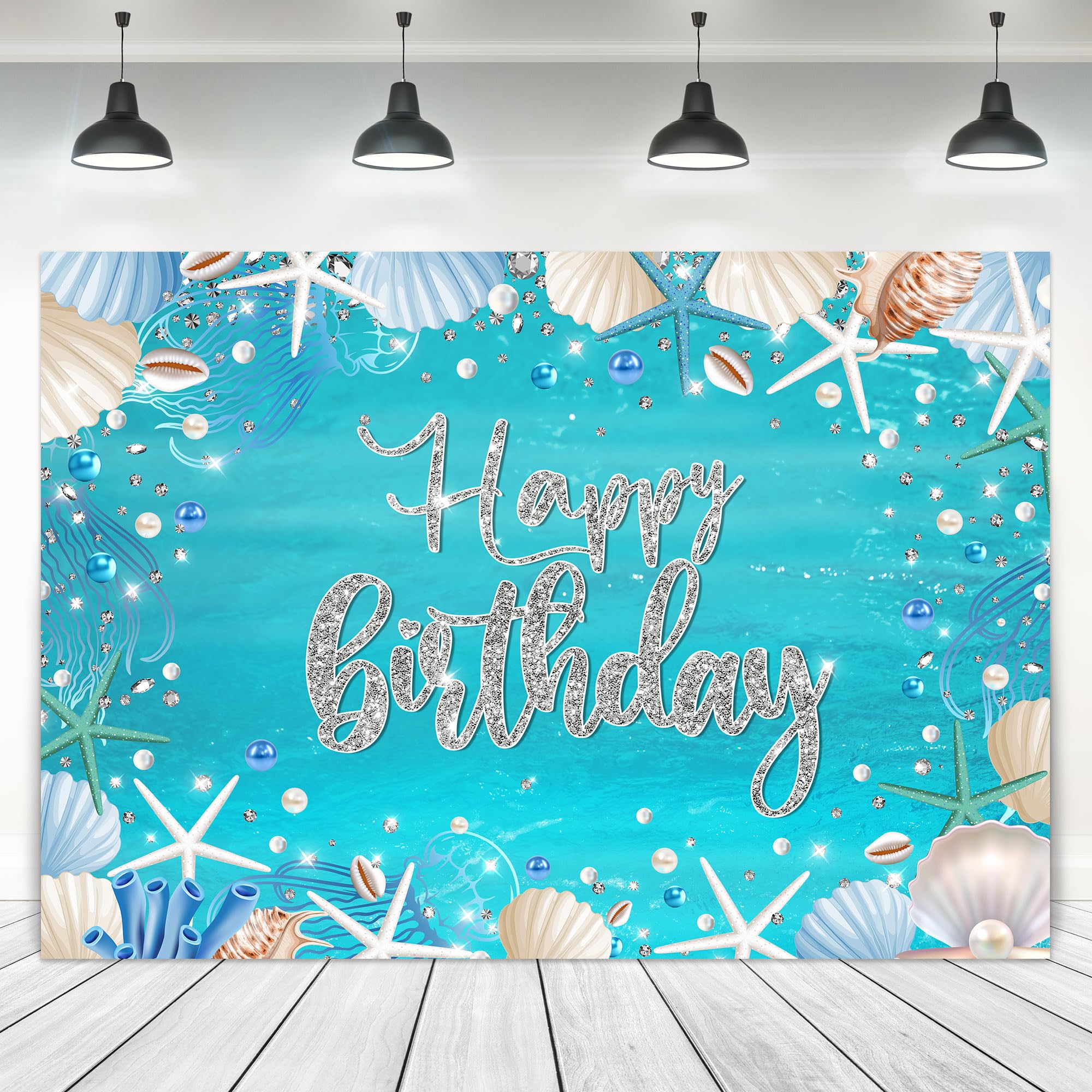 Ufeela Ocean Birthday Backdrop Summer Underwater Sea Happy Birthday Banner Blue Starfish Seashell Mermaid Diamonds Pearl 7Wx5H F