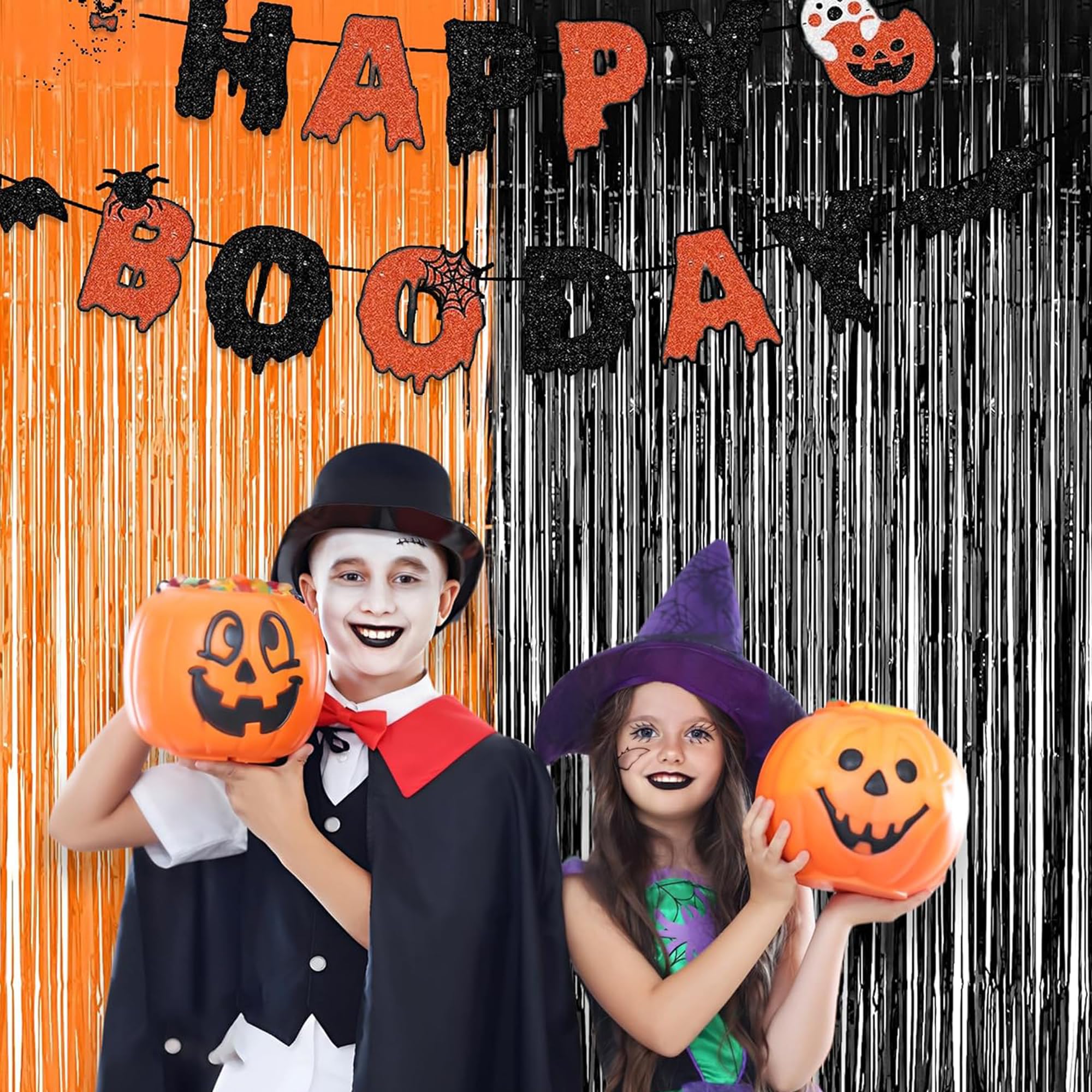 Braveshine 1 Black 1 Orange Tinsel Photo Backdrop Curtains   3.2X8.2Ft Foil Fringe Streamer Curtain For Birthdays, Halloweens, G