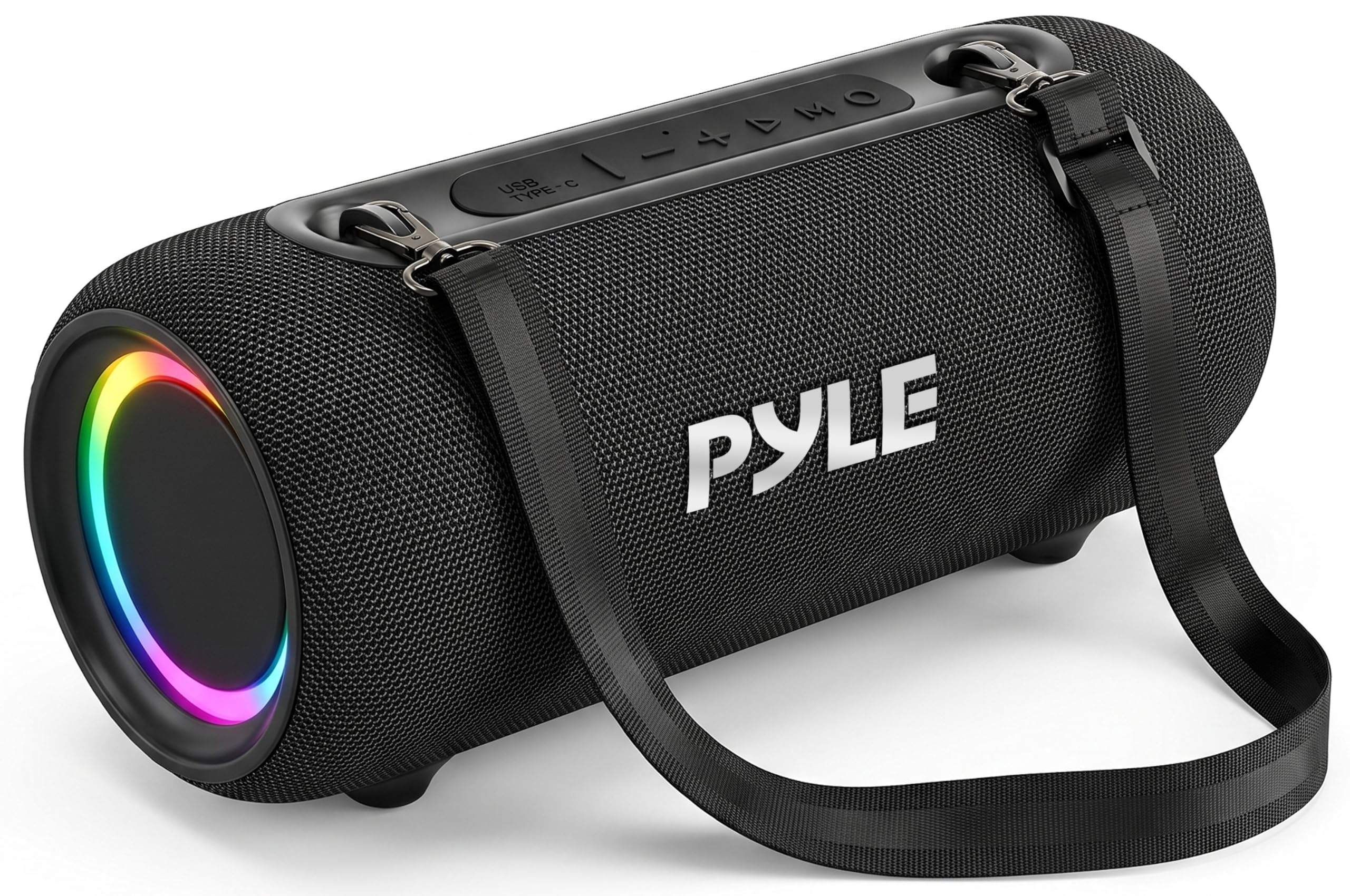 Pyle Portable Bluetooth Speaker  RGB LED, IPX5 Waterproof, TWS Stereo Pairing, USB/AUX/FM, Builtin Mic, USBC Charging, 7H Bat