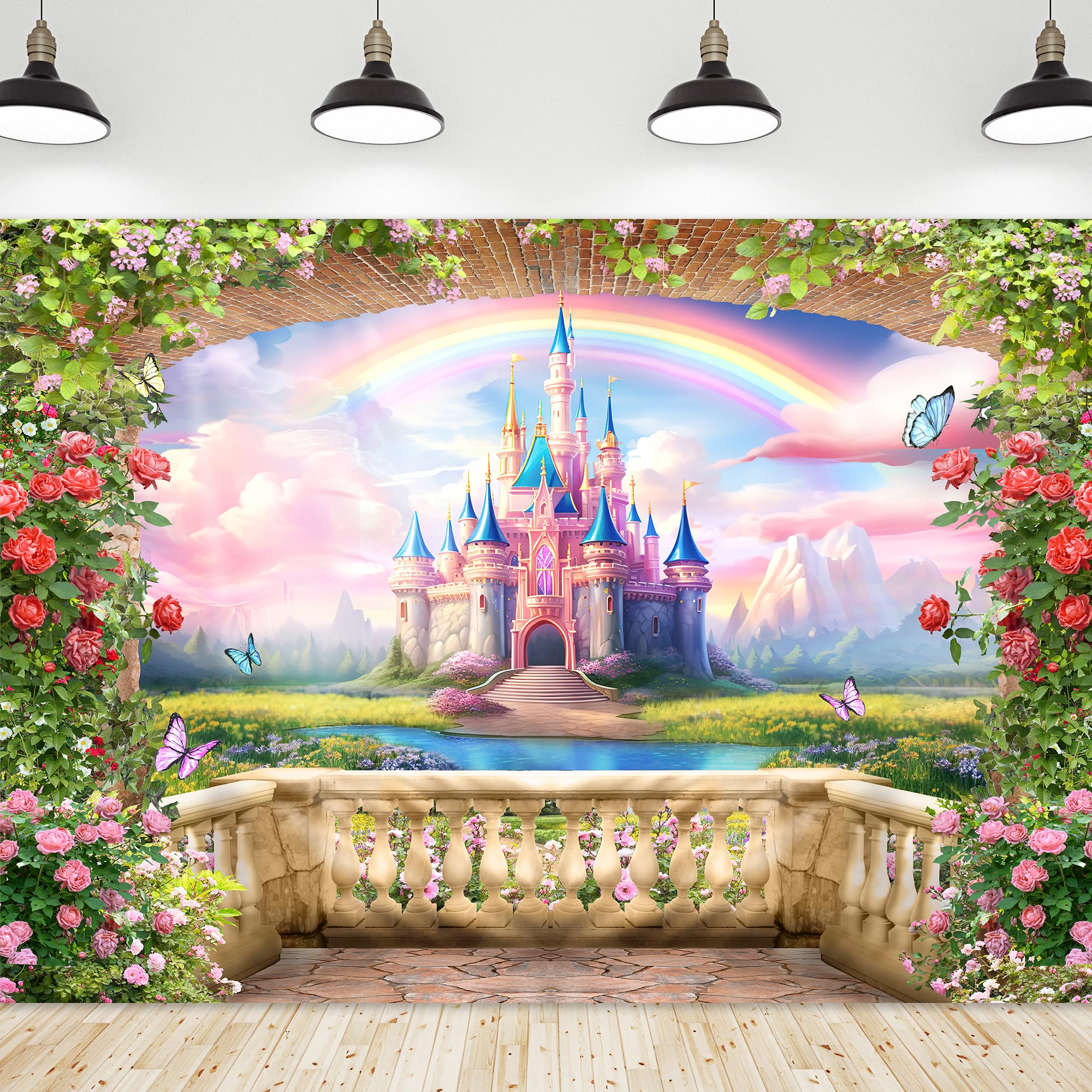 Riyidecor Pink Castle Backdrop Polyester Fabric Princess Flower Blossom Spring Floral Butterfly 7Wx5H Feet Fairy Fantasy Balcony